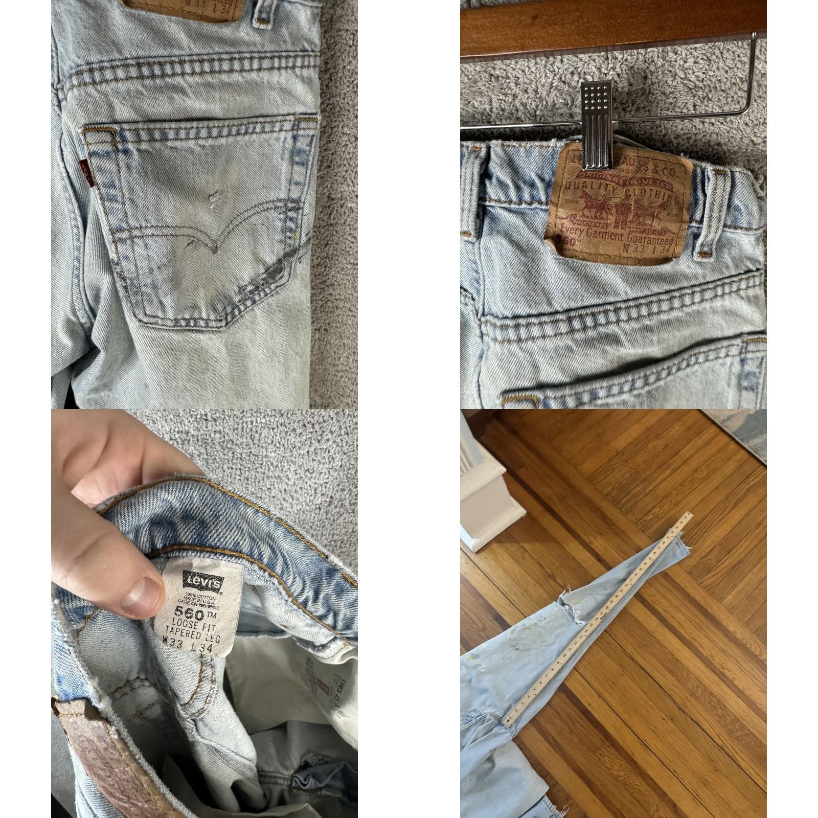 Levi's VINTAGE Levi's 560 Jeans Mens 33x34 Light Wash Blue Paint Loose Tapered USA 90s Size US 33 - 11 Thumbnail