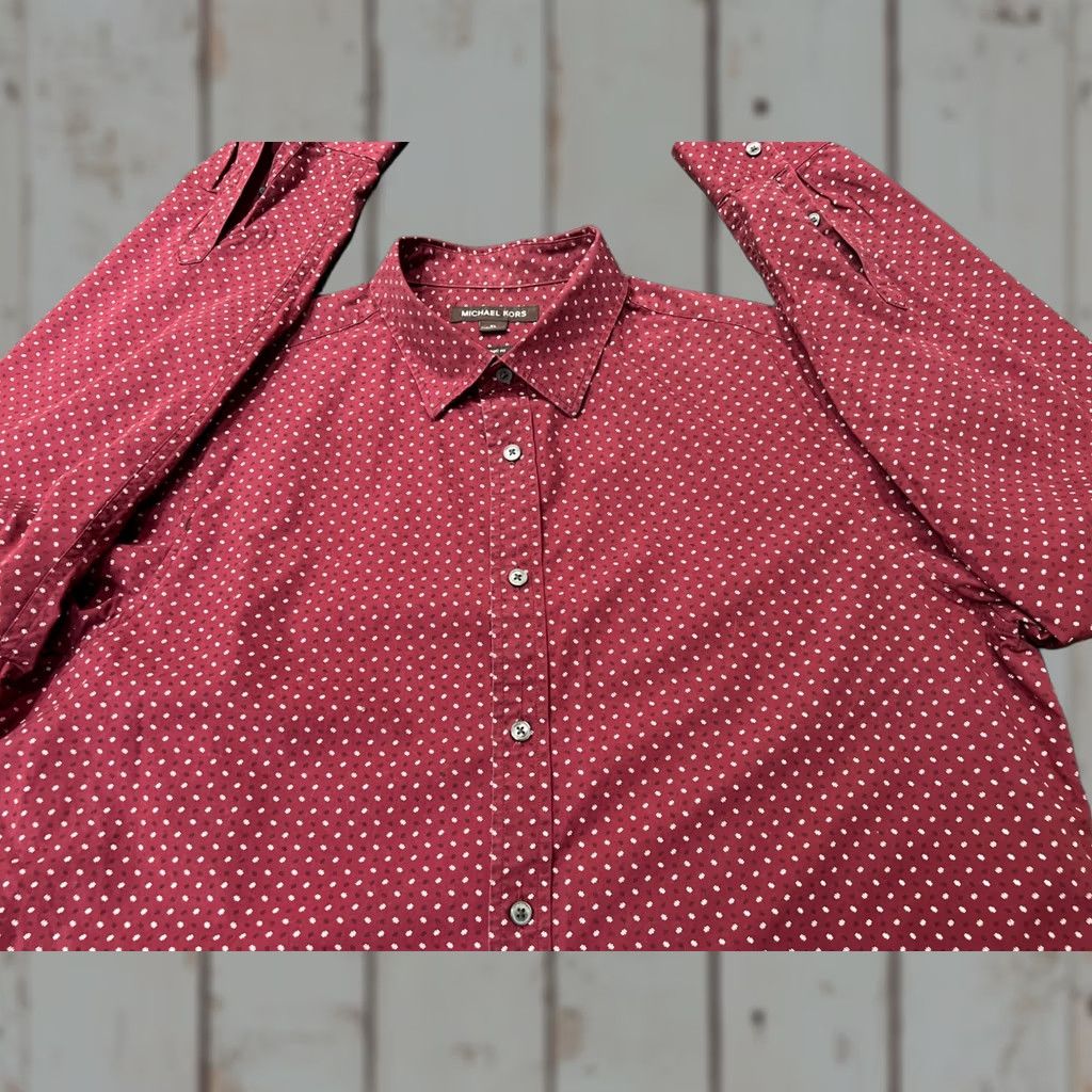 Michael Kors Michael Kors Button Down Shirt Men XL Red Slim Cotton Elastane Navy Burgundy Dot Pattern Long Sleeve Collared Bottom Down Dress Shirt Size 46R - 1 Thumbnail