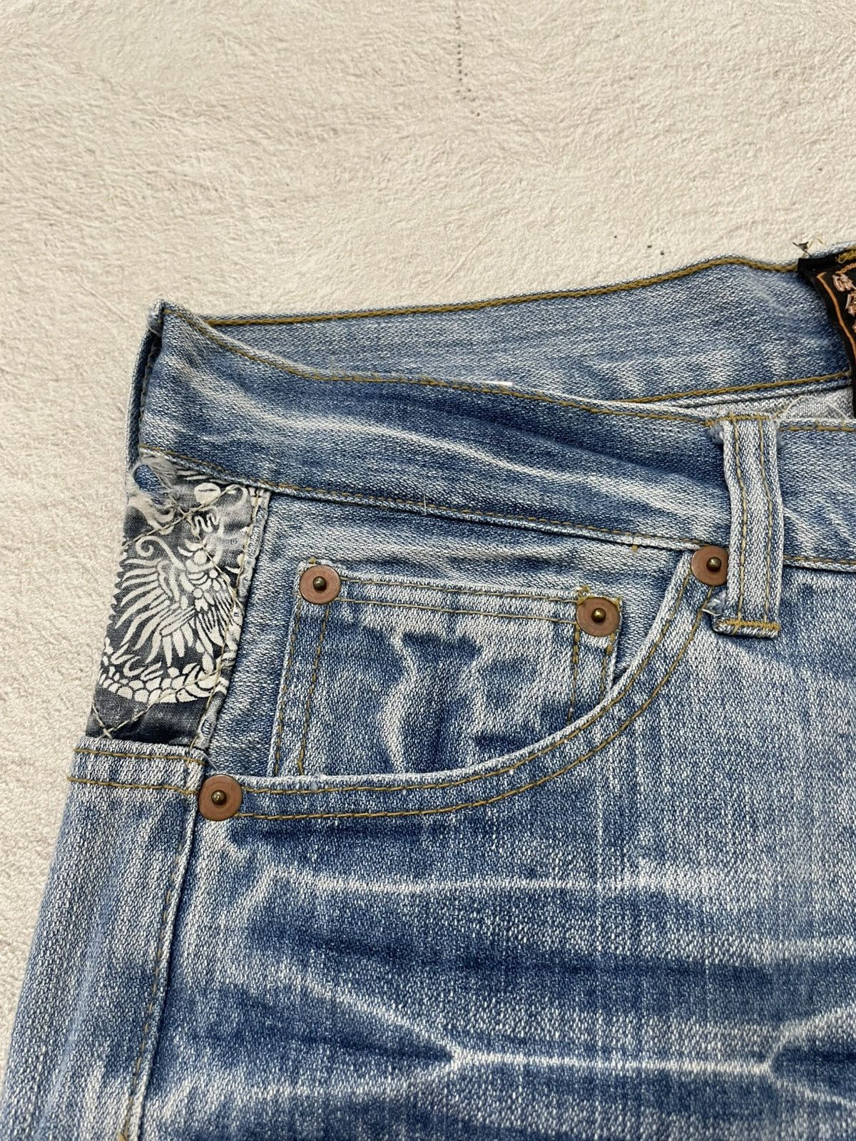 Japanese Brand Kara Kuri Japanes Embroidered Denim Y2K Oni Raijin Patchwork Size US 33 - 5 Thumbnail