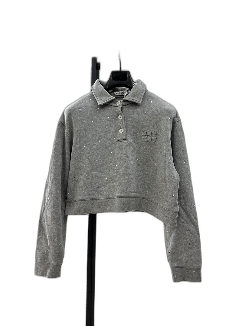 Miu Miu MiuMiu Gray Cropped Polo Sweatshirt with Rhinestones Size M / US 6-8 / IT 42-44 - 1 Thumbnail