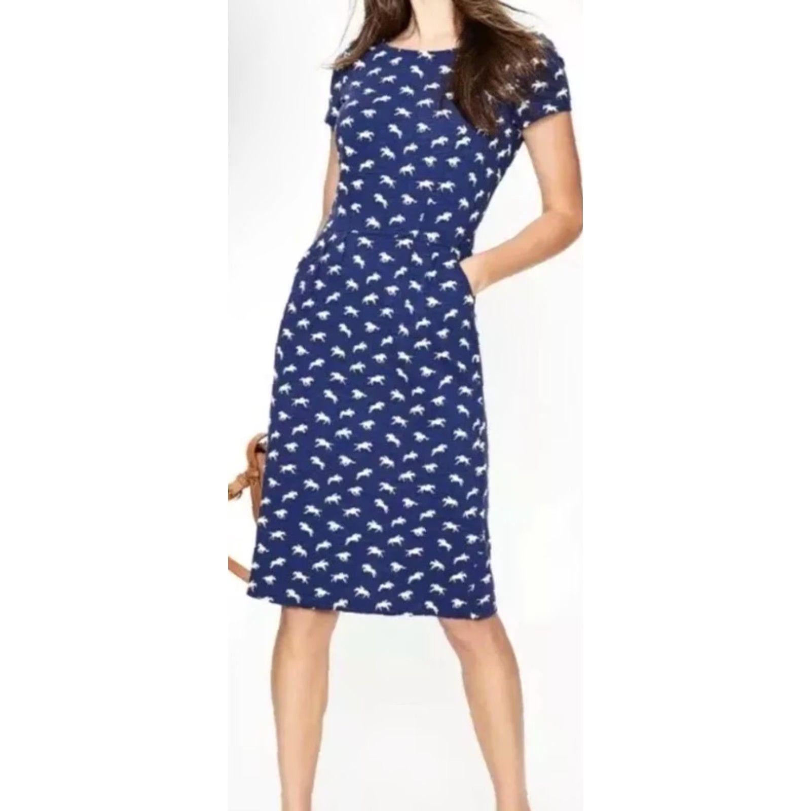 Boden Phoebe Jersey Horse Printed Equestrian Dress Navy Blue 10R Womens