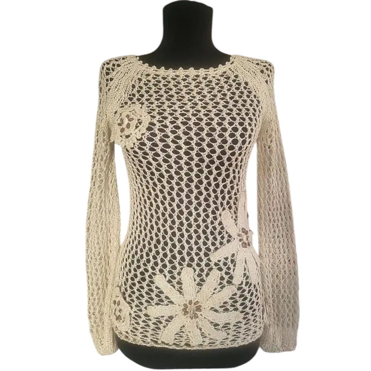 Japanese Brand Fishnet Jumper with Chunky Flowers Crochet sz S Size S / US 4 / IT 40 - 1 Thumbnail