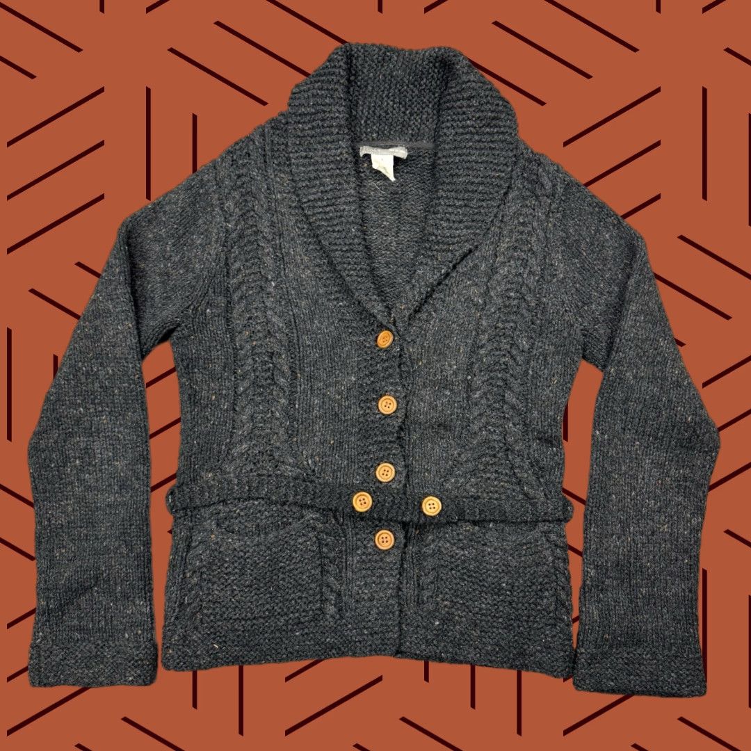 J.Crew J.CREW Cardigan Knit by Hand Dark Grey Wool Blend Belted Wood Buttons S Women's Sweater Cable Knit Fisherman Pattern Vintage No Size S / US 4 / IT 40 - 1 Thumbnail