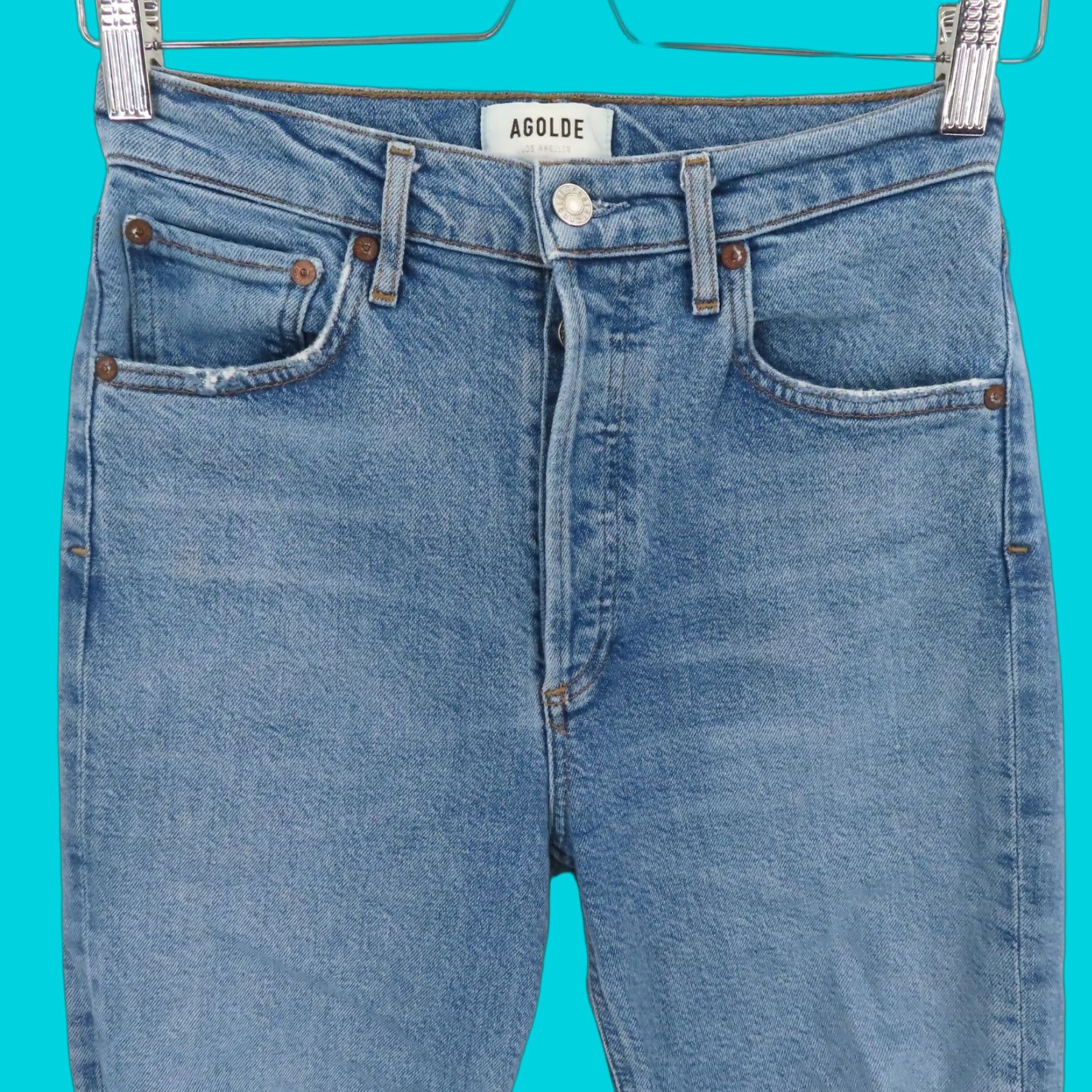 Agolde AGOLDE Womens 25 Riley Button Fly Distressed Medium Blue Denim Jeans Cotton Size 42" / US 20 - 1 Thumbnail