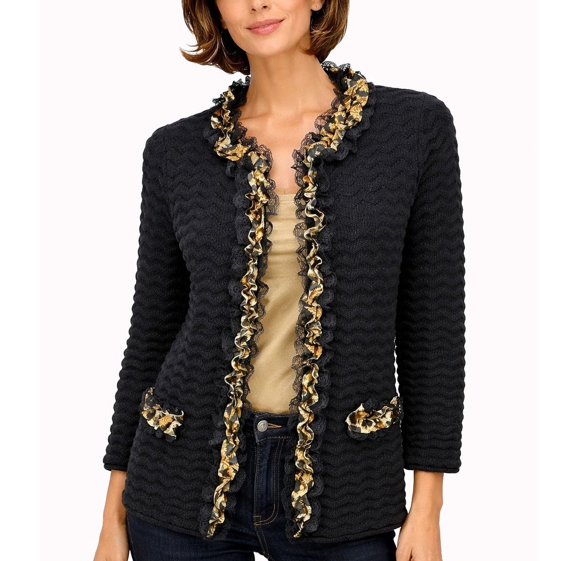 Chicos Chicos Cardigan Sweater Animal Print Lace Ruffle Trim 0 S Size S / US 4 / IT 40 - 1 Thumbnail