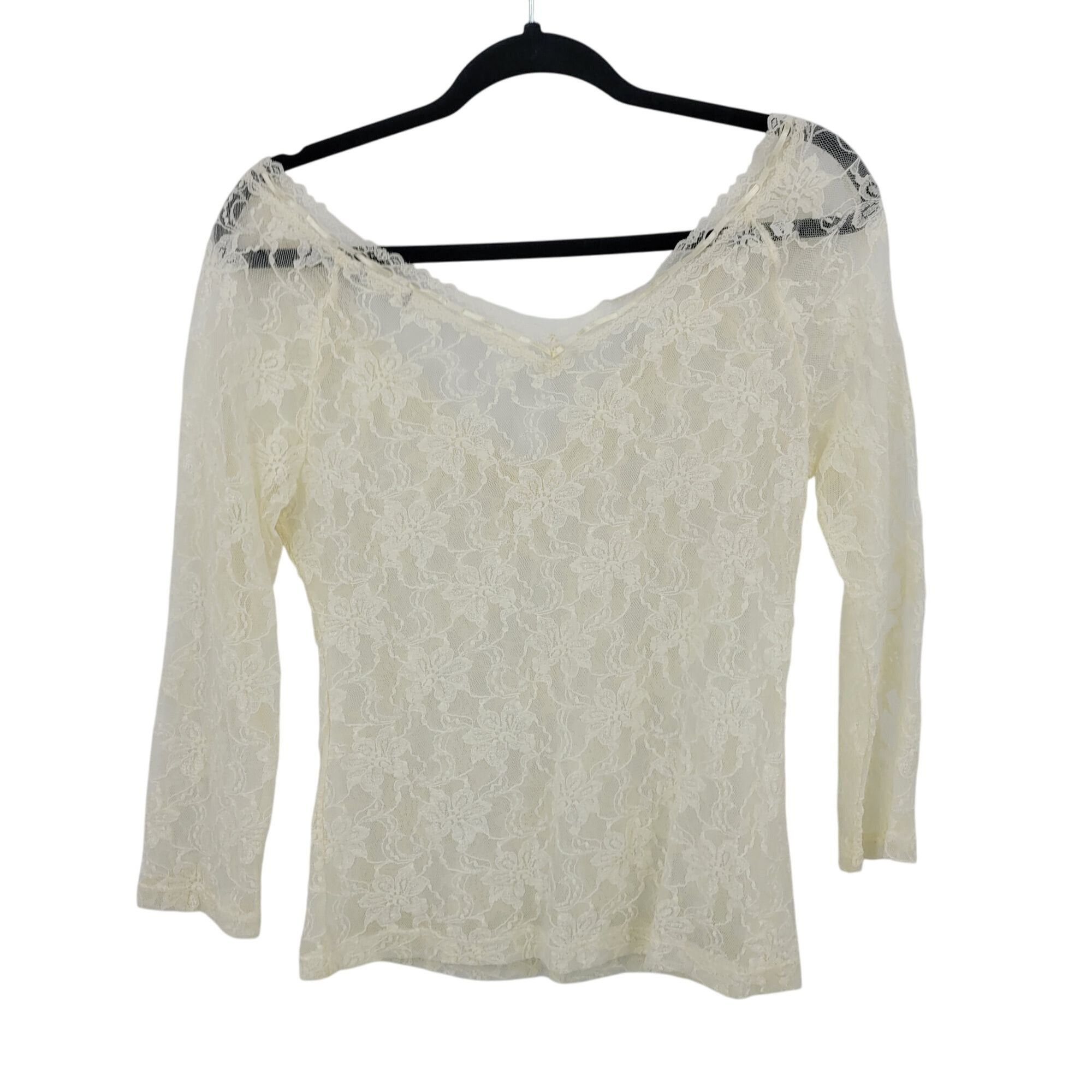 Vintage Vtg 80s Vanilla Floral Lace V-Neck Top Ribbon Trim Sheer Str Size S / US 4 / IT 40 - 6 Thumbnail
