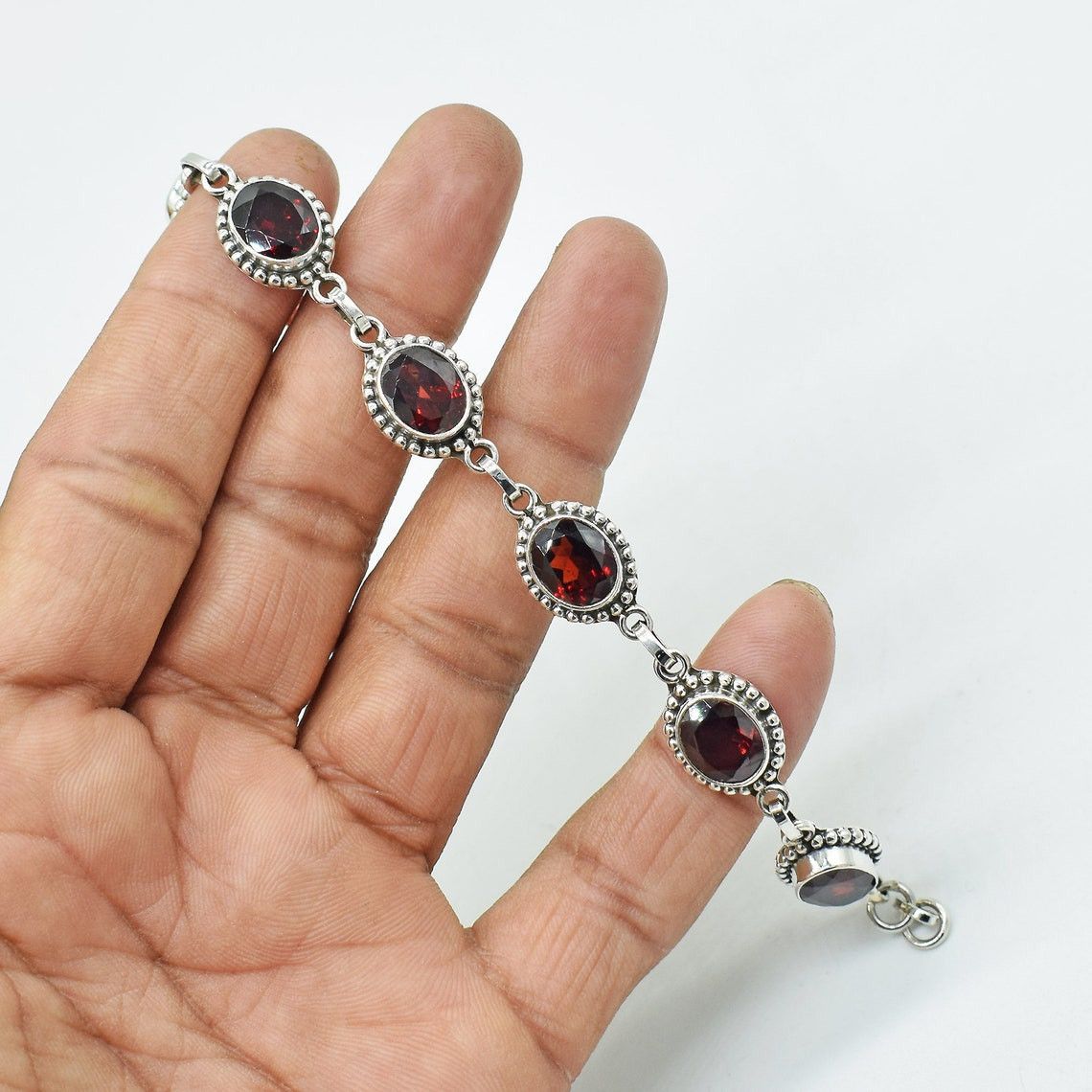 Handmade Natural Red Garnet Gemstone Bracelet, Garnet Birthstone 925 Size ONE SIZE - 5 Thumbnail