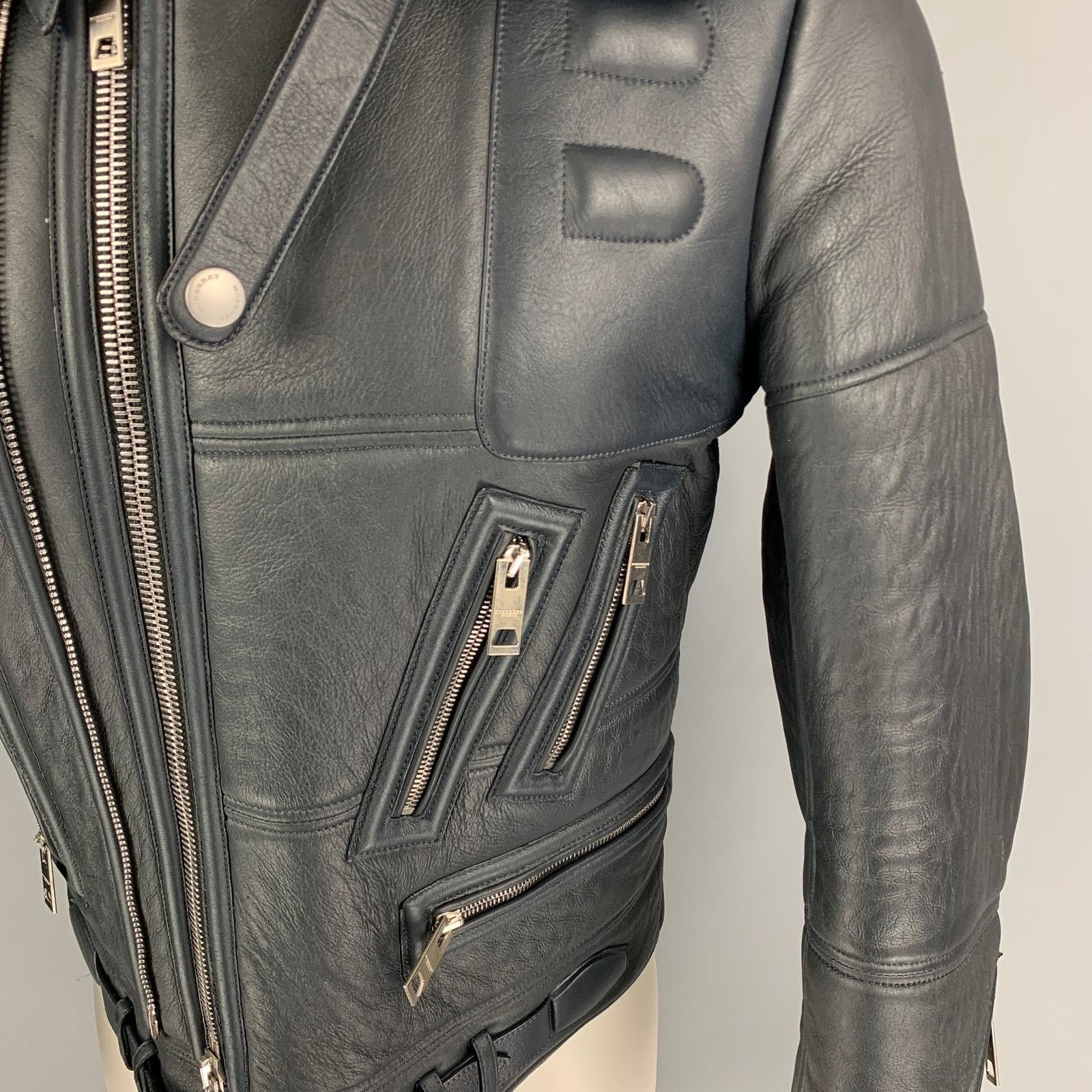 Burberry Prorsum FW 2010 38 Blue Black Lamb Leather Shearling Biker Jacket Size US M / EU 48-50 / 2 - 7 Thumbnail