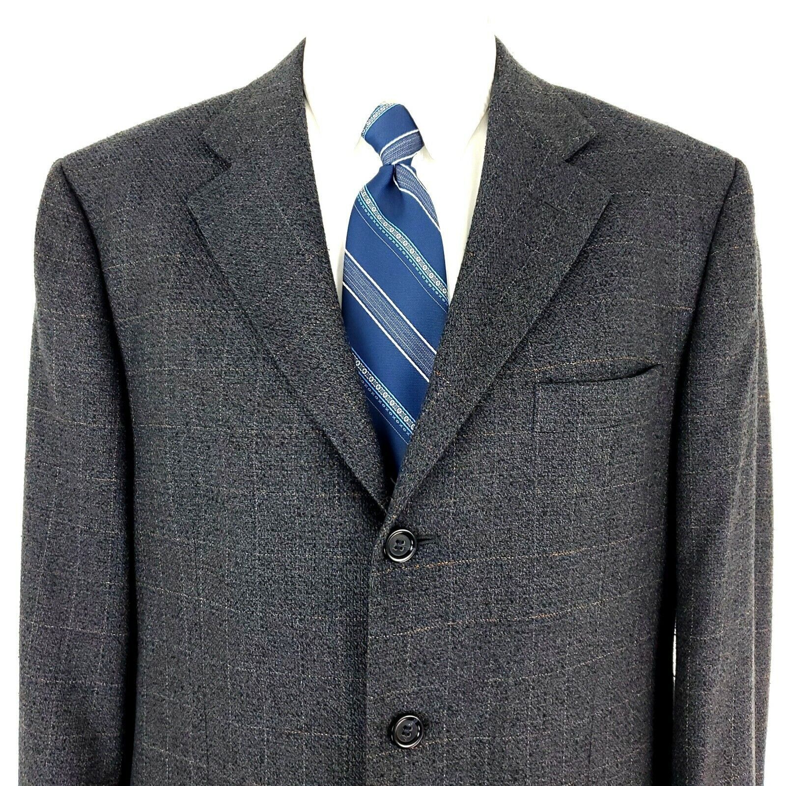 Pronto Uomo Pronto Uomo Wool 3 Button Blazer 42R Gray Blue W/ Brown Wind Size 42R - 1 Thumbnail