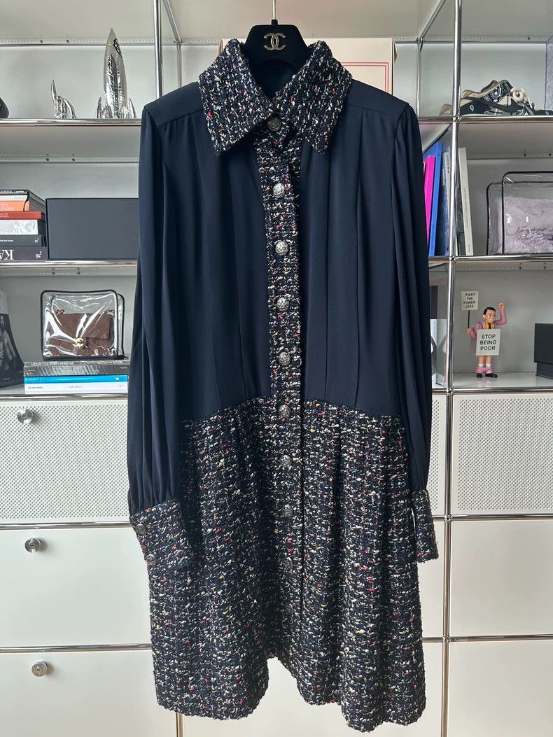 Chanel Chanel 15k tweed braided stitching silk dark blue dress 250 Size XS / US 0-2 / IT 36-38 - 1 Thumbnail