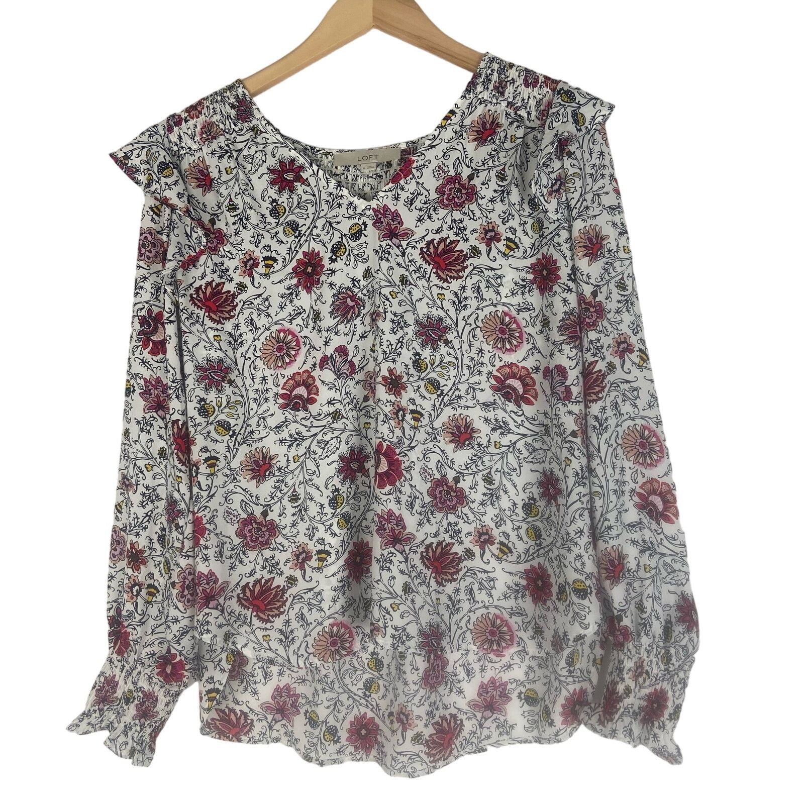 Ann Taylor LOFT Women’s Tapestry Smocked Ruffle Blouse Size Medium Size M / US 6-8 / IT 42-44 - 3 Thumbnail