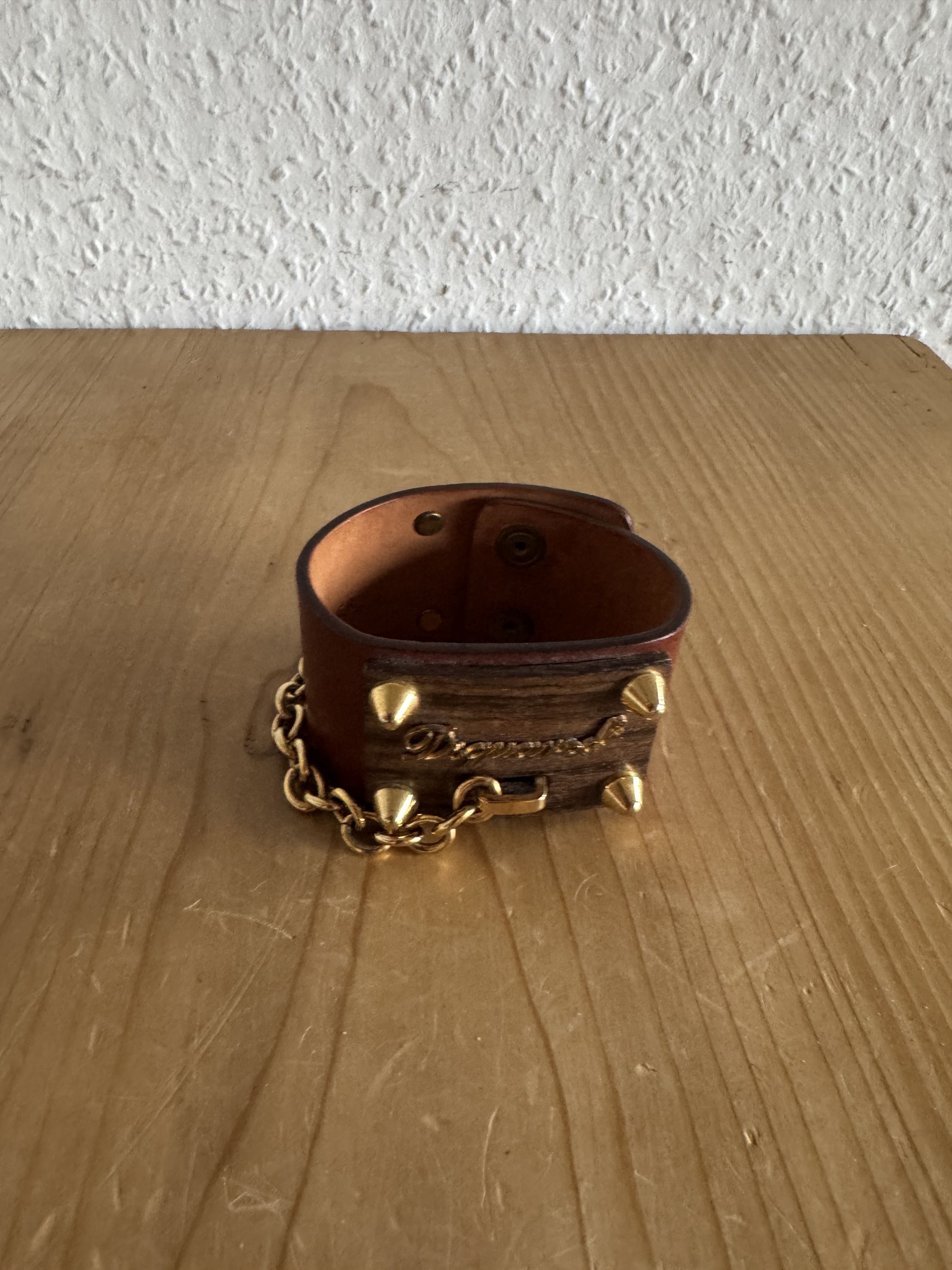 Dsquared2 Wood Plaque Studded Leather Bracelet Size ONE SIZE - 1 Thumbnail