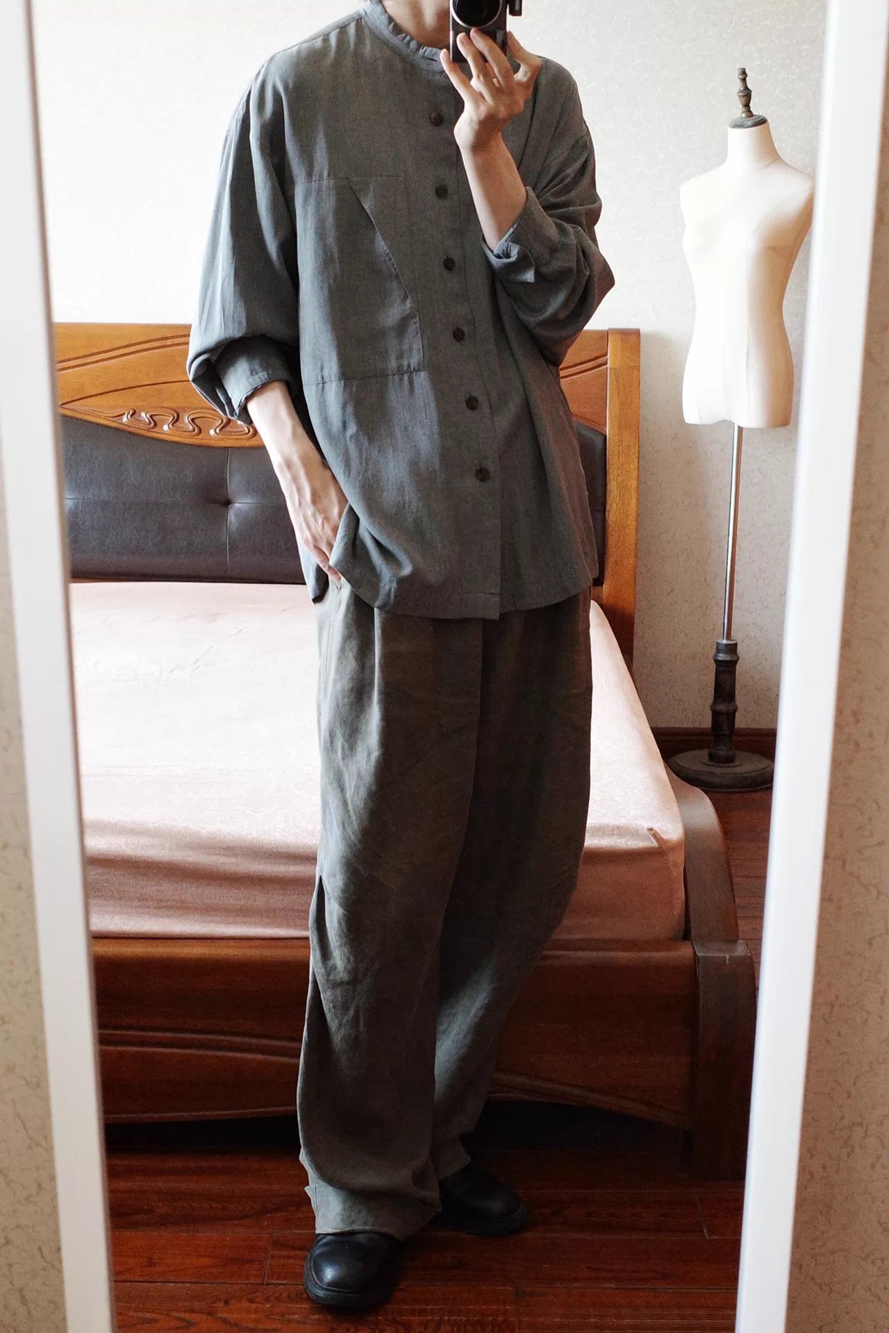 Issey Miyake Issey Miyake 00s Pepper Salt Collarless Rayon Shirt Size US L / EU 52-54 / 3 - 8 Thumbnail