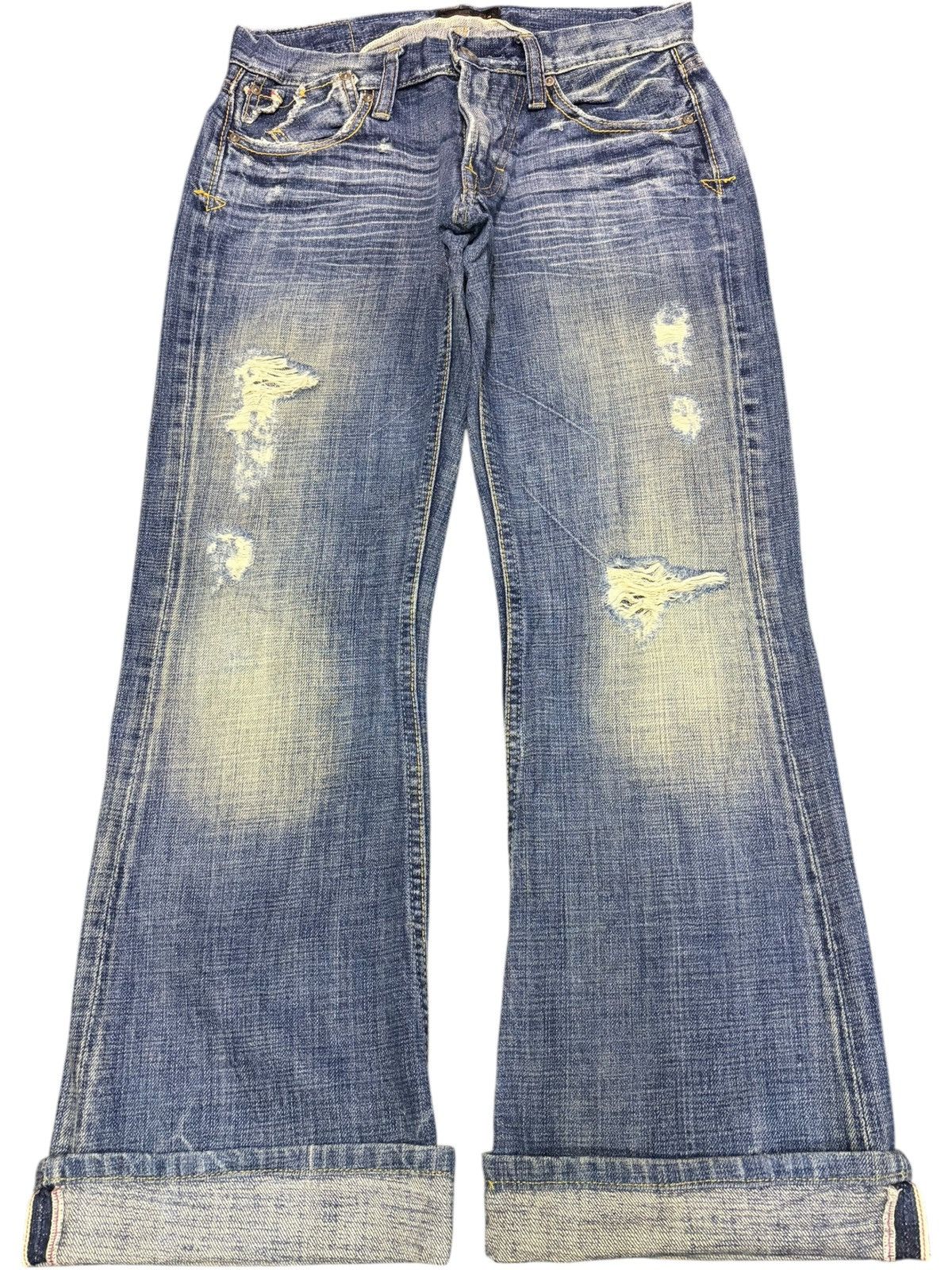 Edwin Vintage Japanese Selvedge Buckle Back Distress Flare Jeans Size 28" / US 6 / IT 42 - 1 Thumbnail
