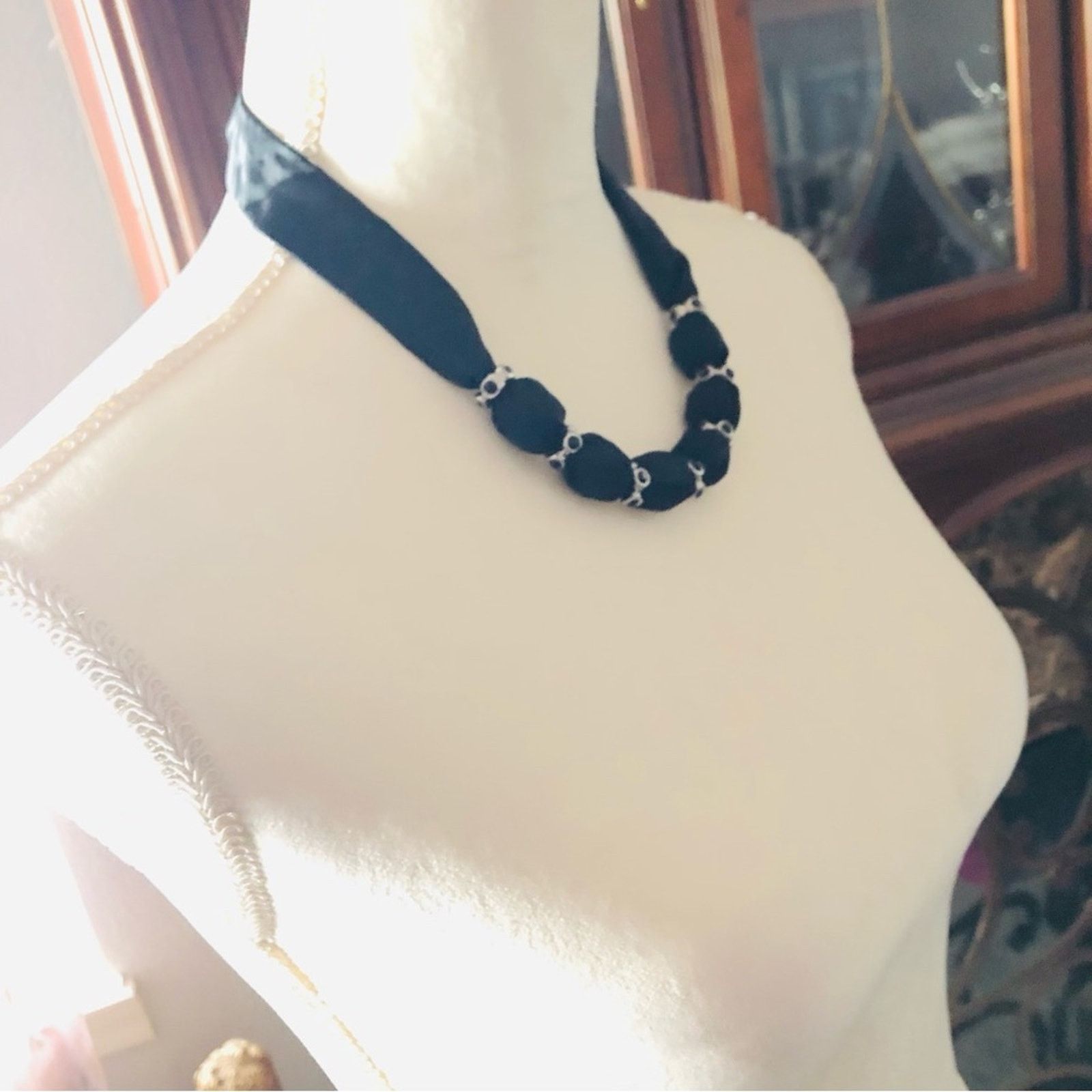 Handmade Country Girl black satin fabric covered bead necklace Size ONE SIZE - 2 Thumbnail