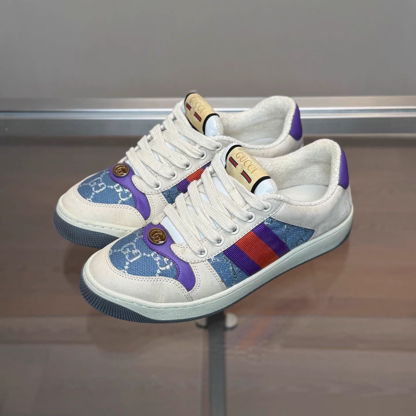 Gucci Gucci Distressed Crystal Sneakers White/Purple Size US 5 / IT 35 - 1 Thumbnail
