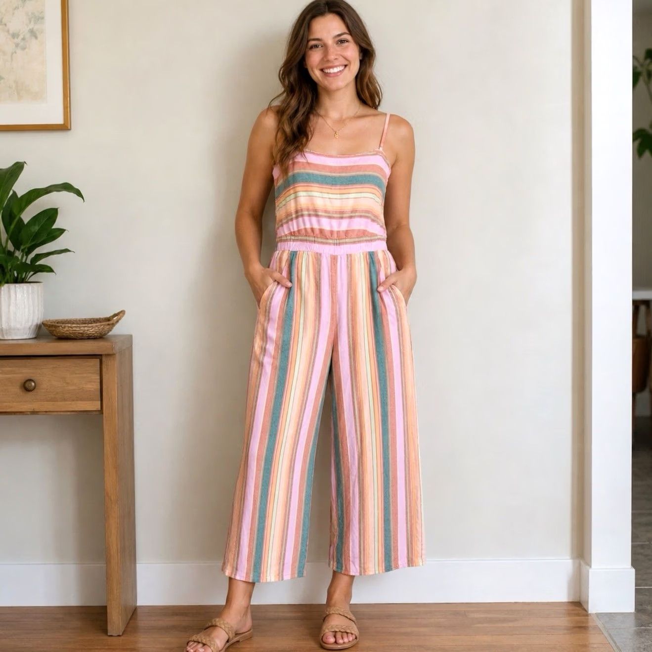 American Eagle Outfitters American Eagle Jumpsuit Women M Striped Linen Blend Cutout Tie Back Wide-Leg Boho Y2K Retro Festive Casual Travel Size 32" / US 10 / IT 46 - 2 Thumbnail