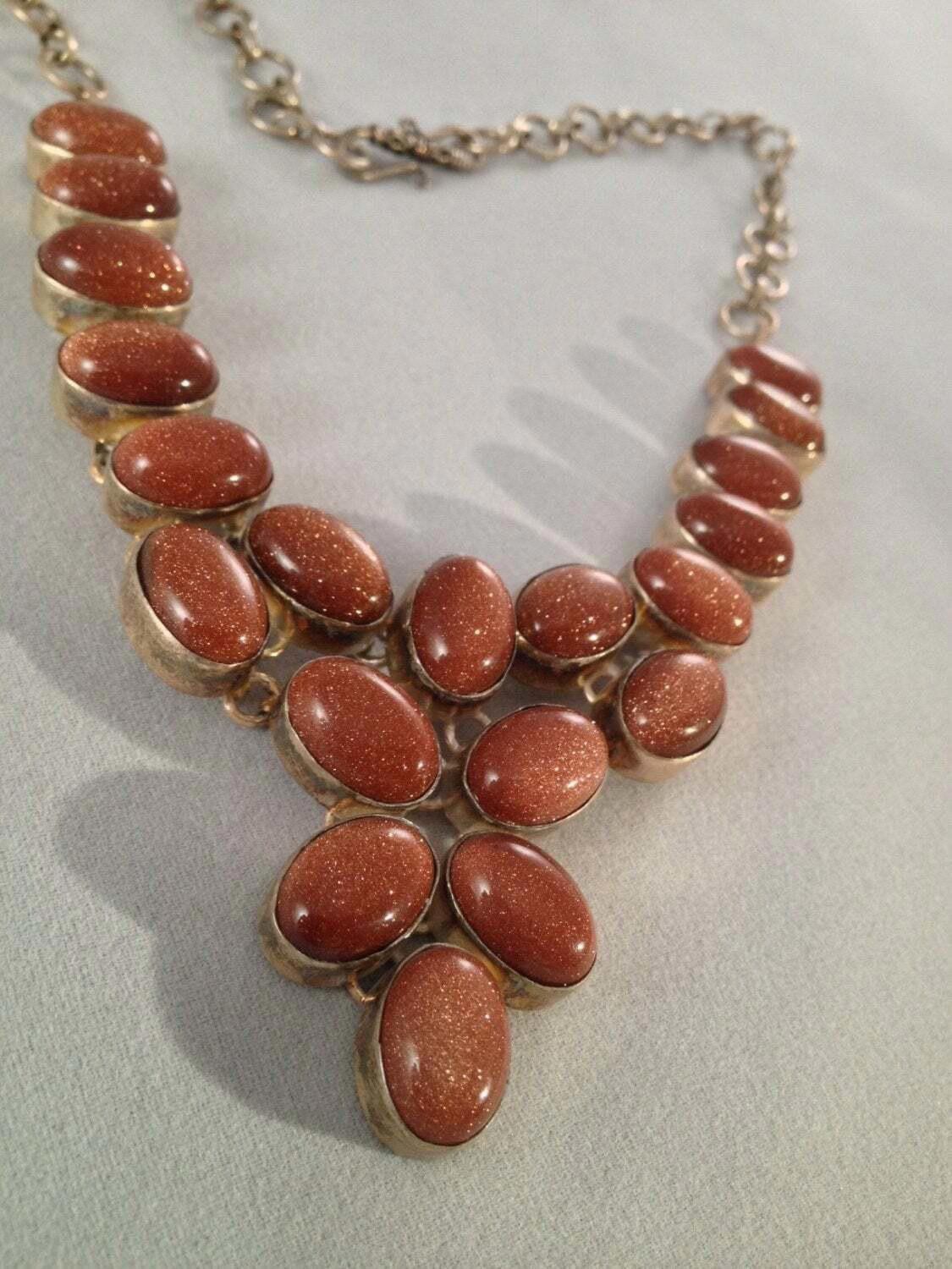 Designer Sterling and Bezel Set Orange Goldstone Cabochon Necklace Size ONE SIZE - 2 Thumbnail