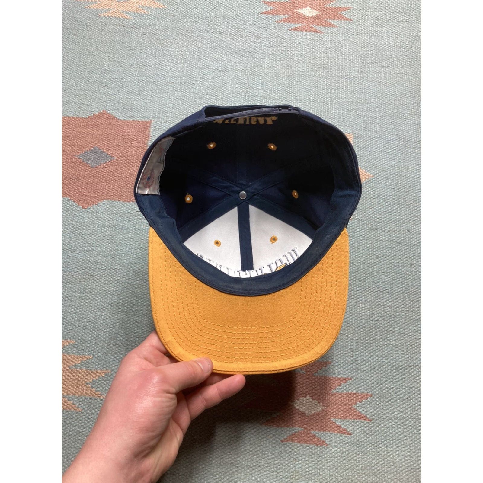 NCAA VINTAGE 90s SnapBack hat cap university of Michigan Wolverines spell out NCAA Men Adjustable Blue Hat Size ONE SIZE - 5 Thumbnail