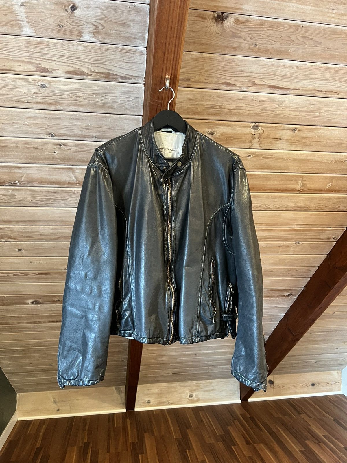 image of Vintage Emporio Armani Boxy Leather Biker Jacket in Navy, Men's (Size Medium)