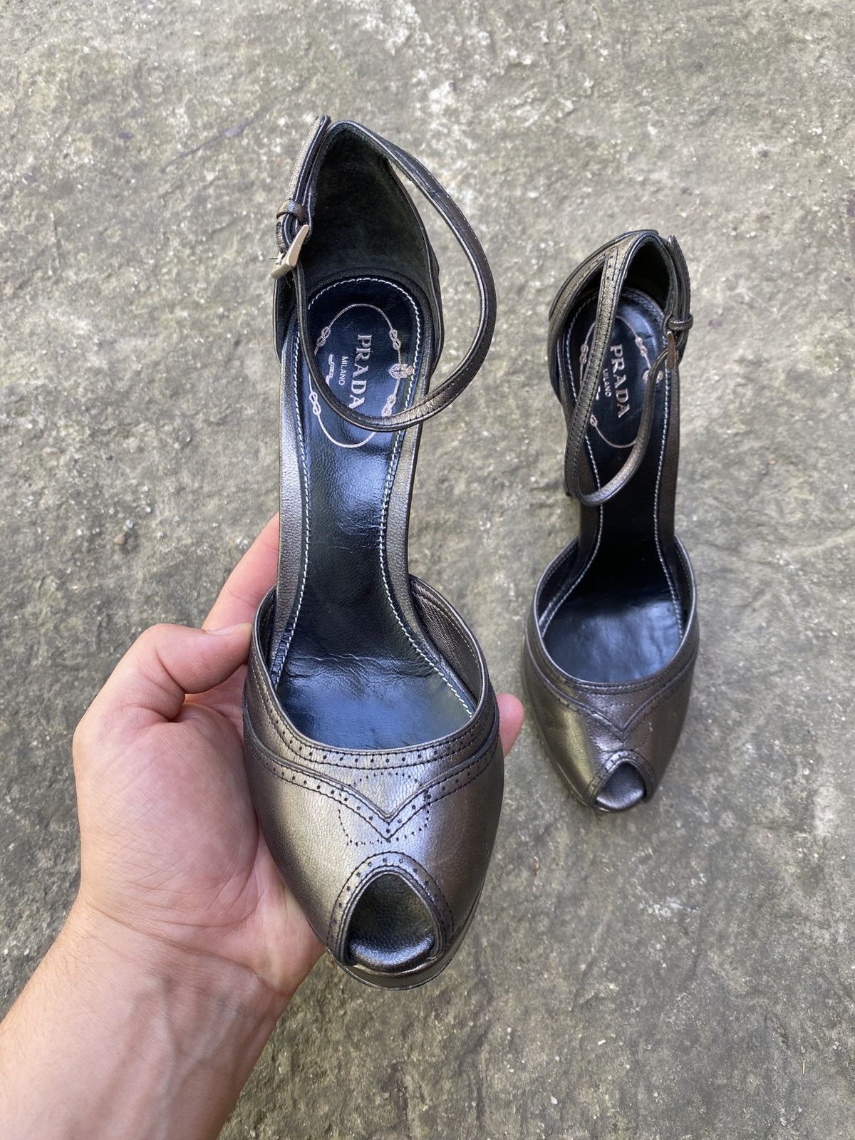 Prada Metallic Leather Peep Toe Platform Heels Ankle Strap