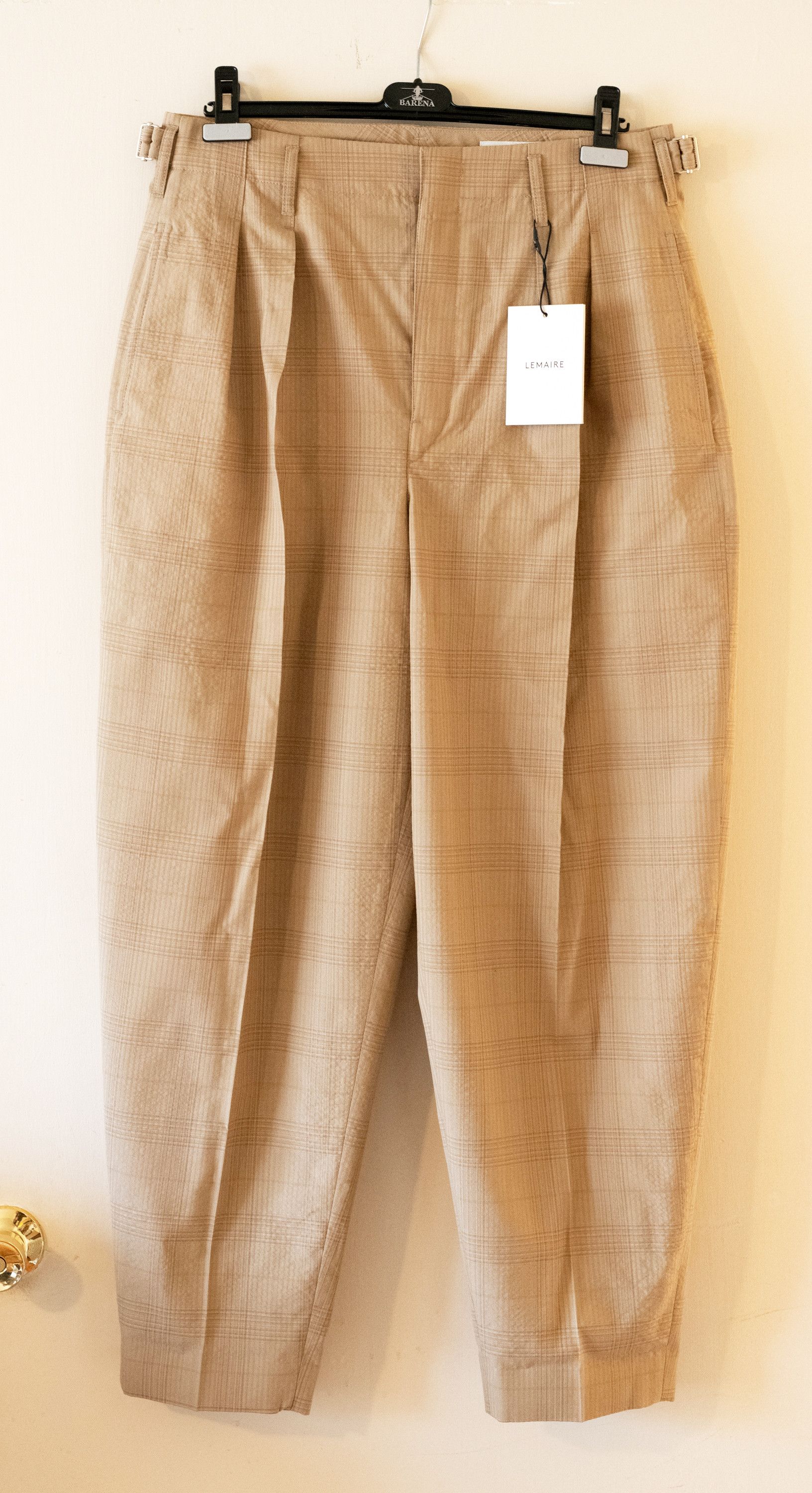 image of Christophe Lemaire x Lemaire Ss23 Lemaire Wool Seersucker Pleated Baggy Tapered Pants 50 in Camel (