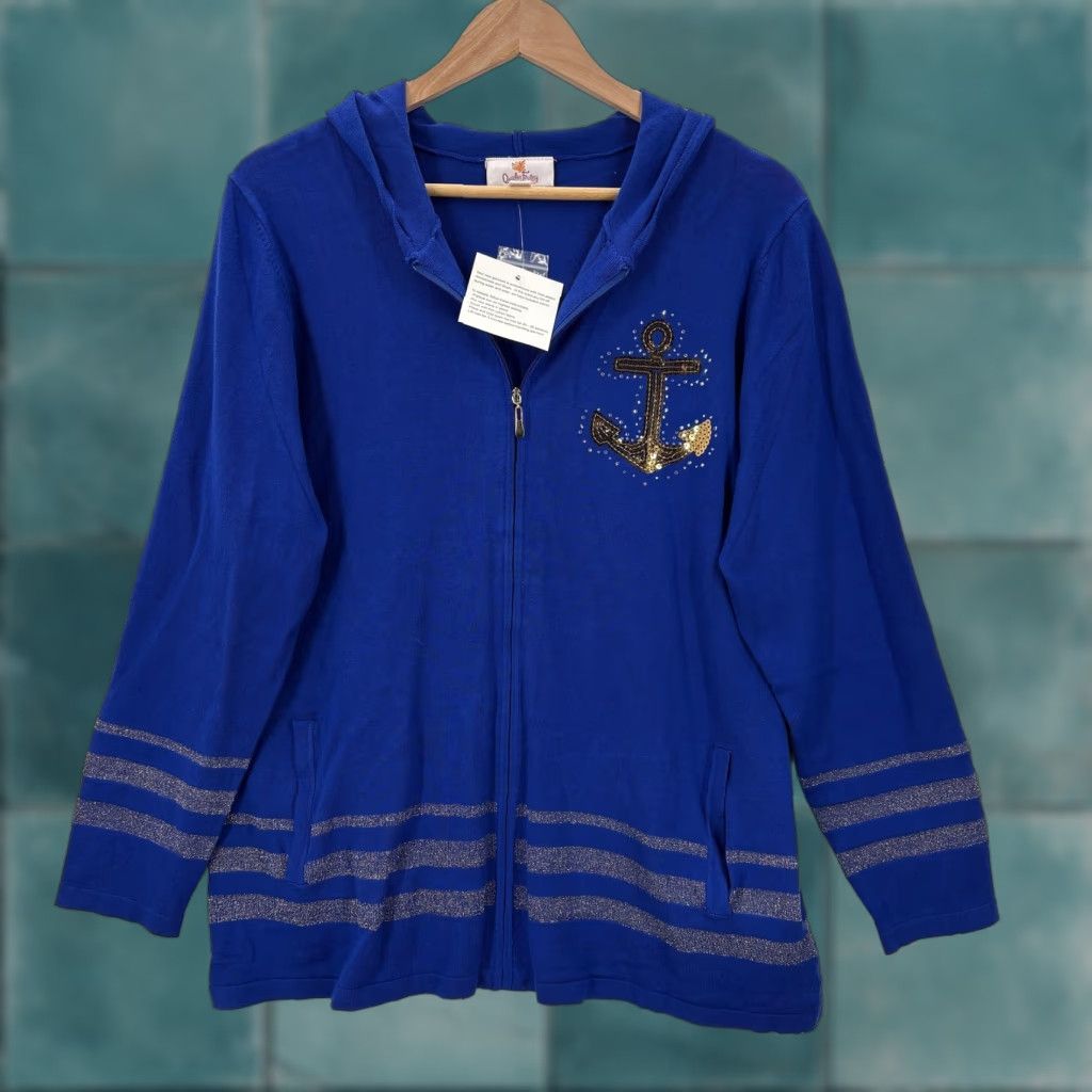 Quacker Factory Quacker Factory Hoodie Womens Medium Blue Sequin Anchor Nautical Full Zip Hooded Pockets Size M / US 6-8 / IT 42-44 - 1 Thumbnail