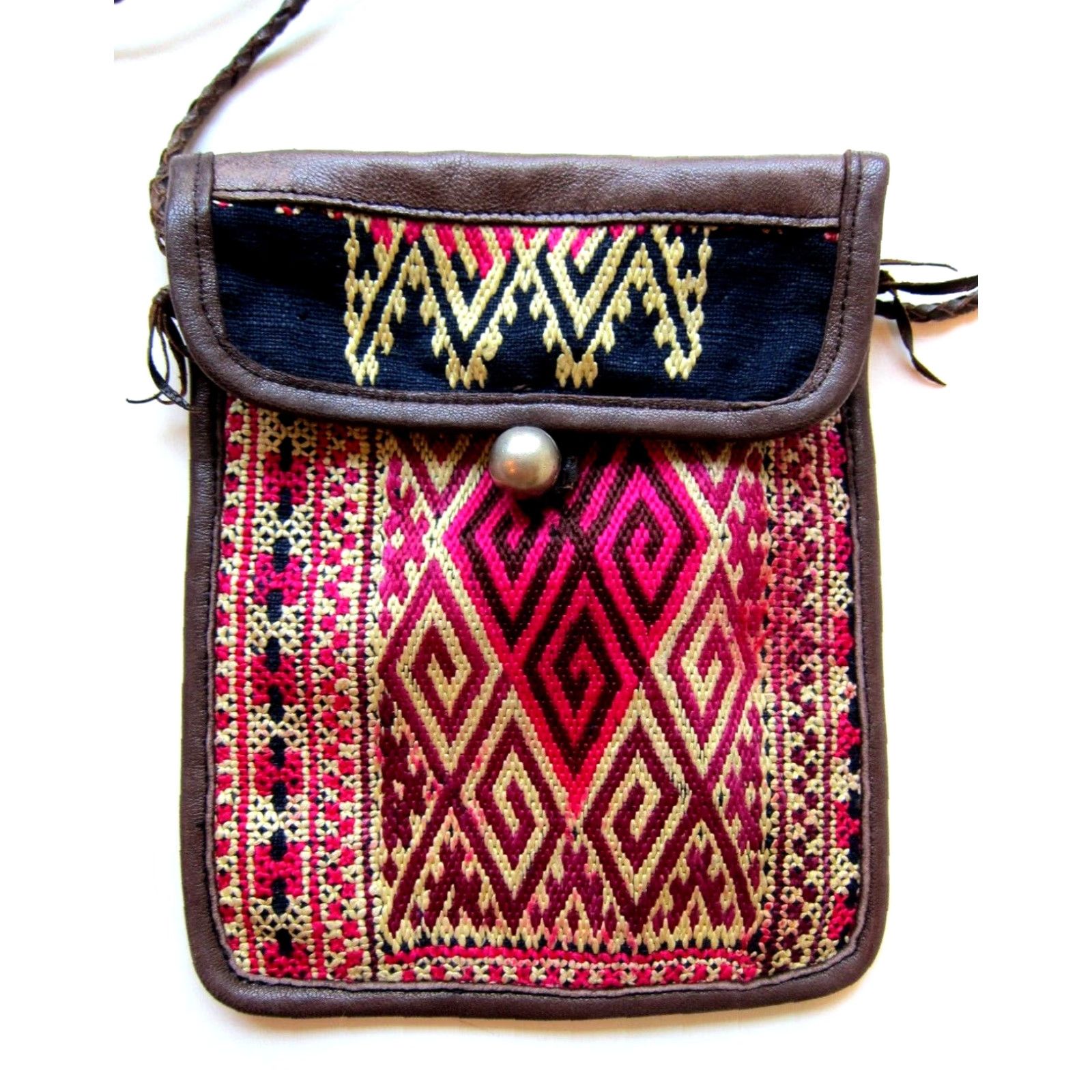 Vintage VINTAGE Handmade Brown Leather Pink Textile Small Satchel Crossbody Purse Size ONE SIZE - 2 Thumbnail
