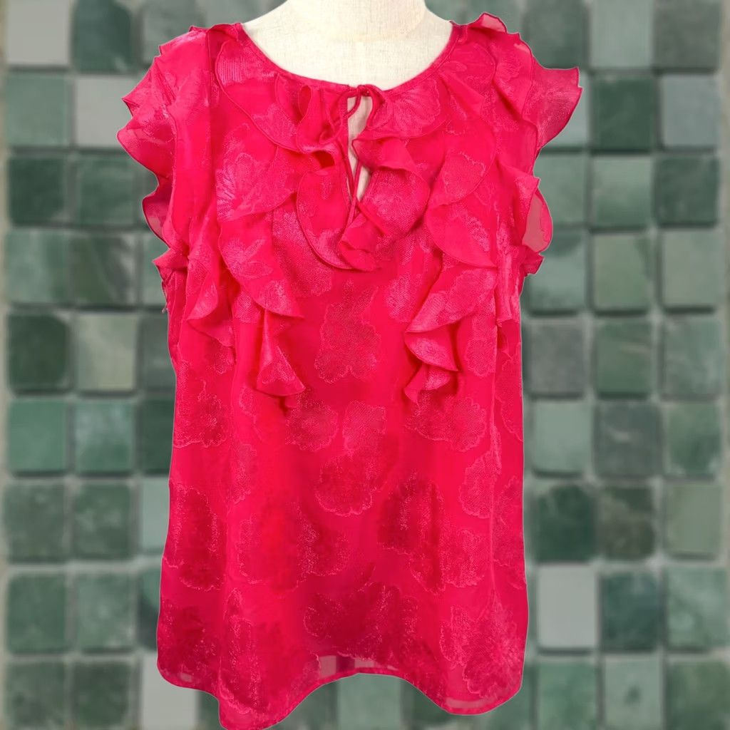 Vintage Attention Blouse Sleeveless Pink Floral Burnout Ruffle Keyhole Tie GUC Women XL Party Cocktail Casual Summer Spring Boutique Size XL / US 12-14 / IT 48-50 - 1 Thumbnail