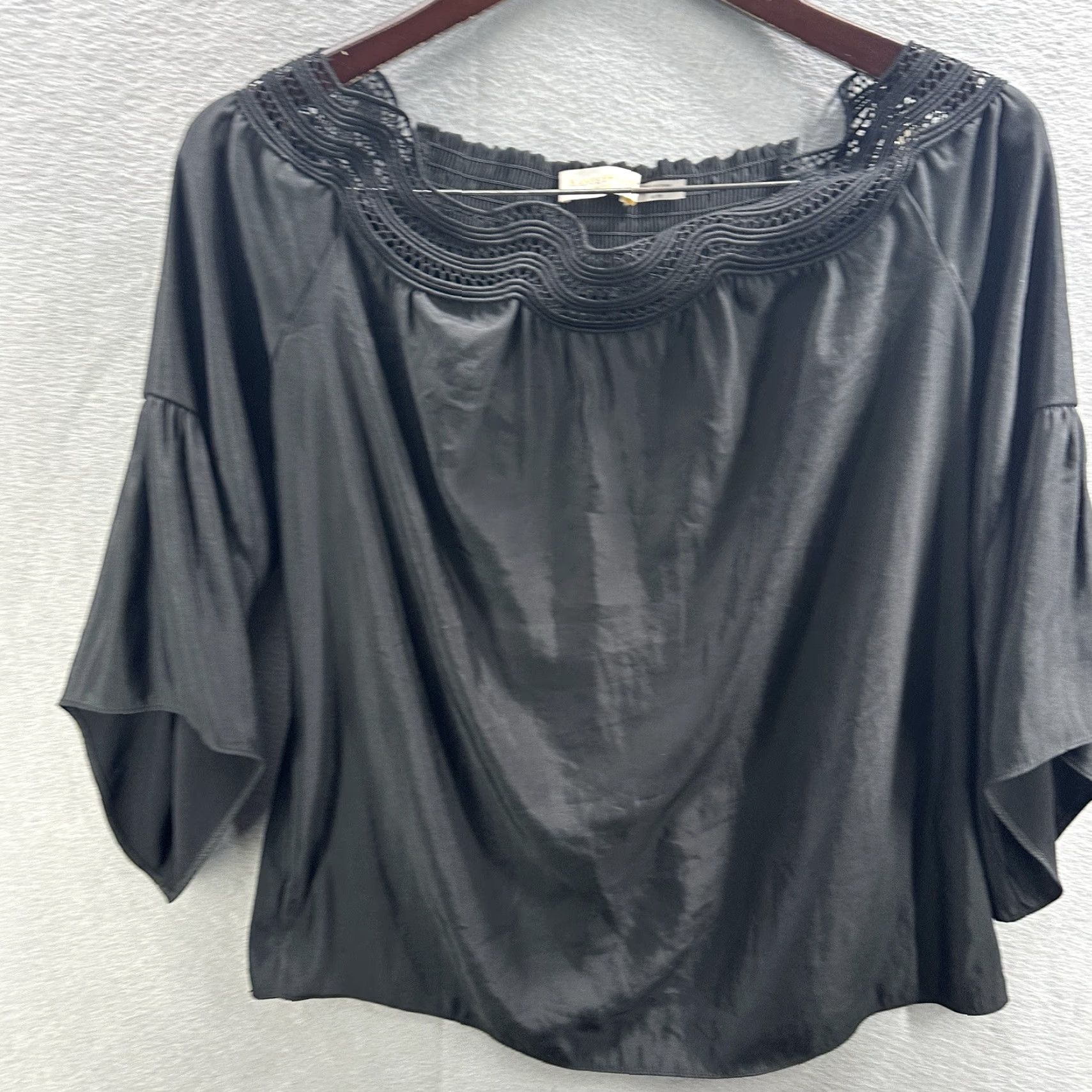 Ramy Brook Blouse Priscilla Womens XS Off The Shoulder Lace Bell Sleeve 3/4 Sleeve Black Tunic Shirt XS Womens
