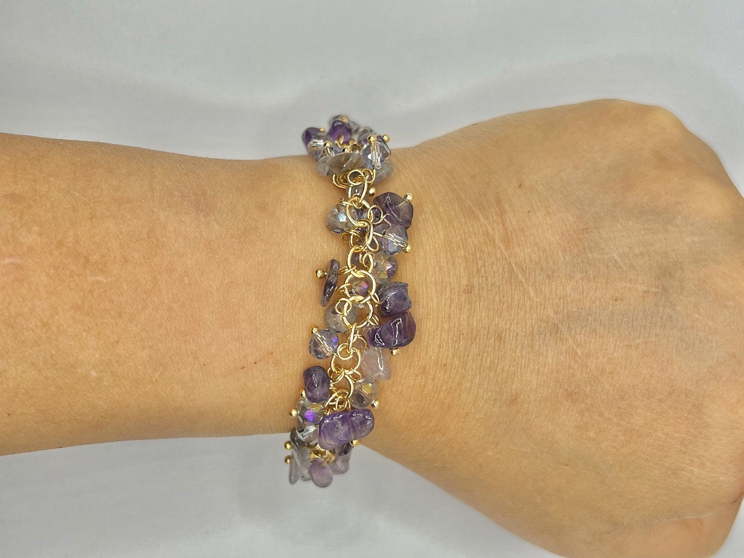 Handmade Amethyst and Crystal Beads Gold Chain Bracelet Size ONE SIZE - 3 Thumbnail