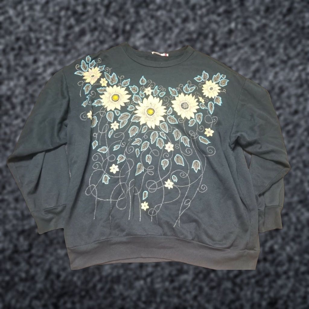 Vintage VINTAGE Sweatshirt American Sunflower Crew Neck XL Gray Distressed Puff Paint Mens Pullover Cotton Blend Size US XL / EU 56 / 4 - 1 Thumbnail