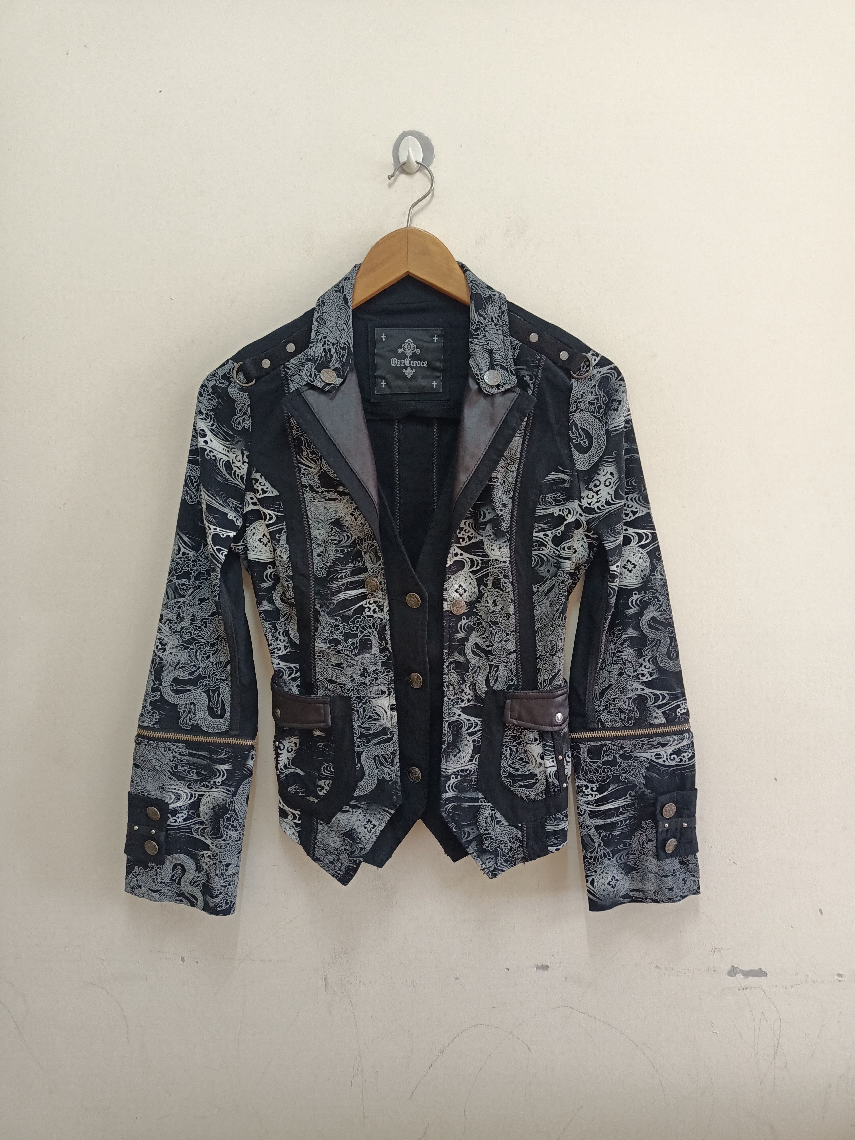 Ozz Cross Dragon print black gothic stretch zipper jacket