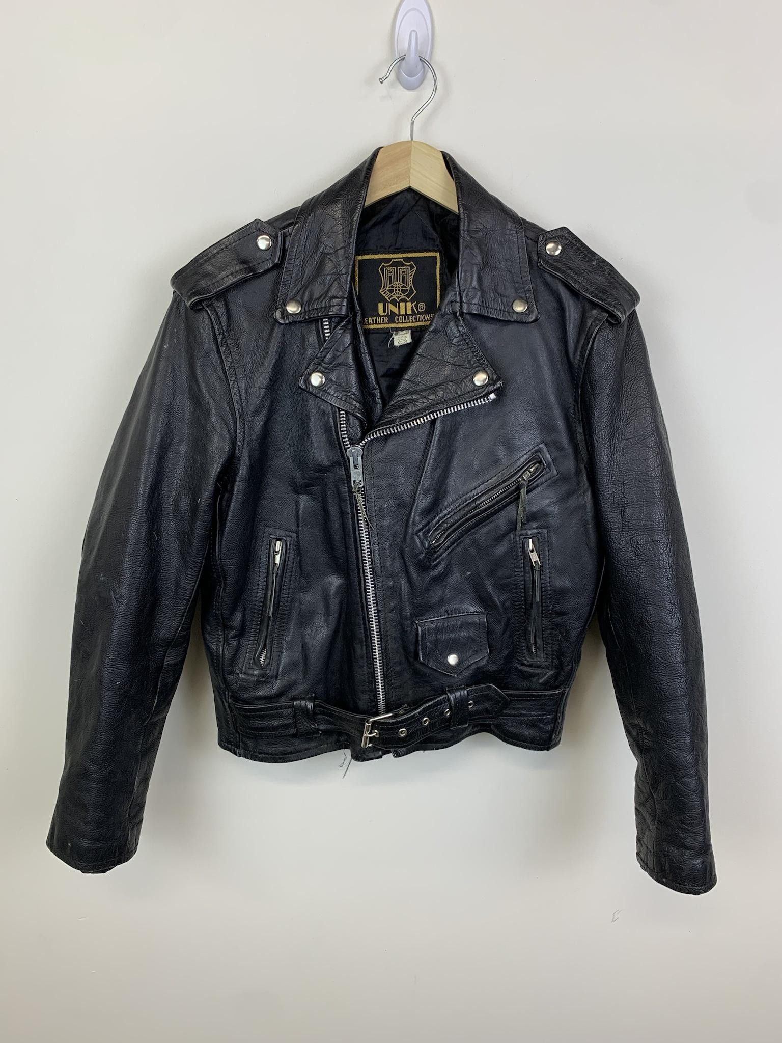 image of 1990S Unik Black Leather Perfecto Biker Jacket, Men's (Size Medium)