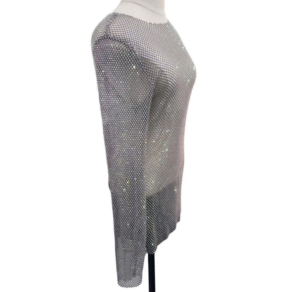 Free People CT1755 Free People Metallic Mesh Iridescent Long Sleeve Top Size L / US 10 / IT 46 - 4 Thumbnail