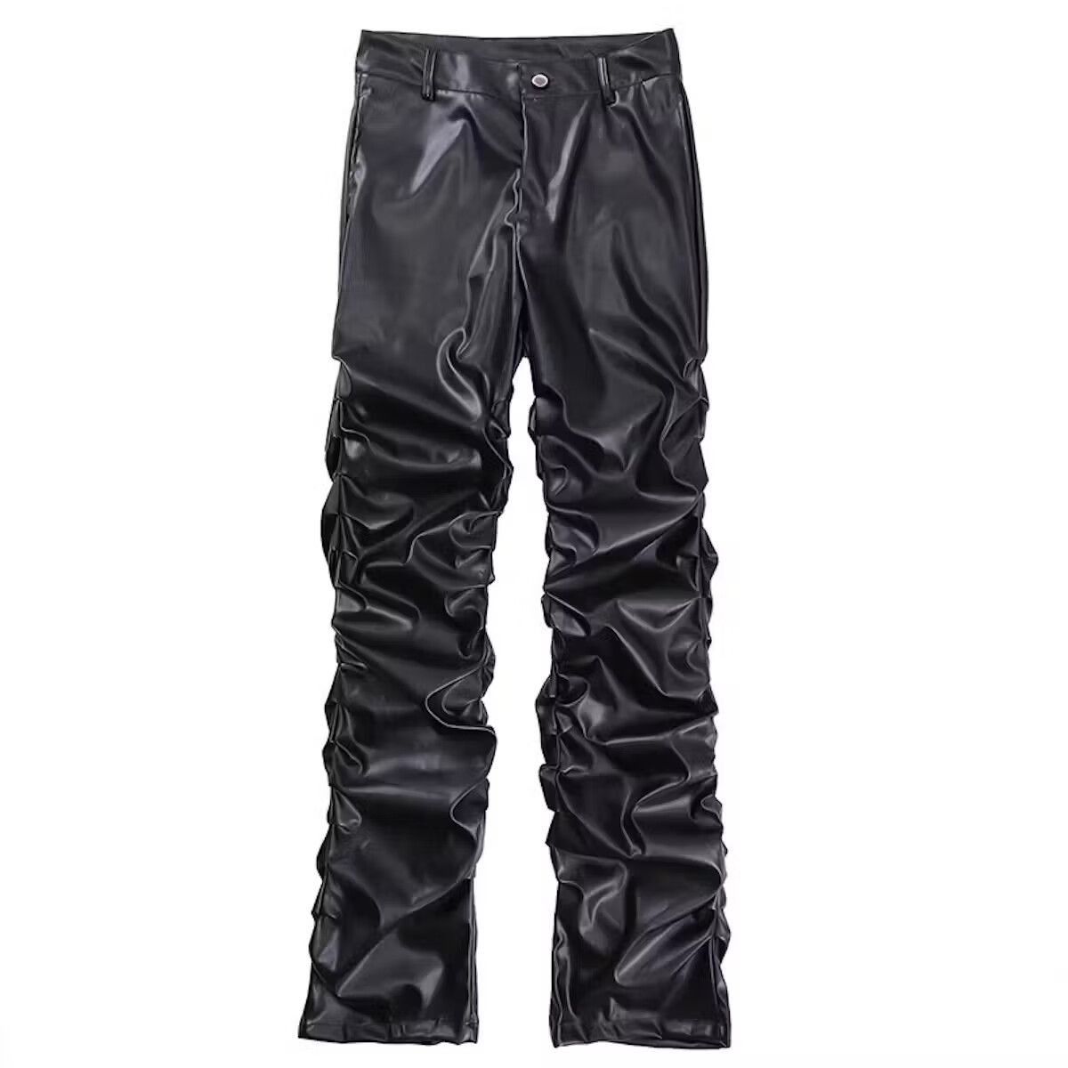 image of Black Faux Stacked Leather Pants, Men's (Size 33)