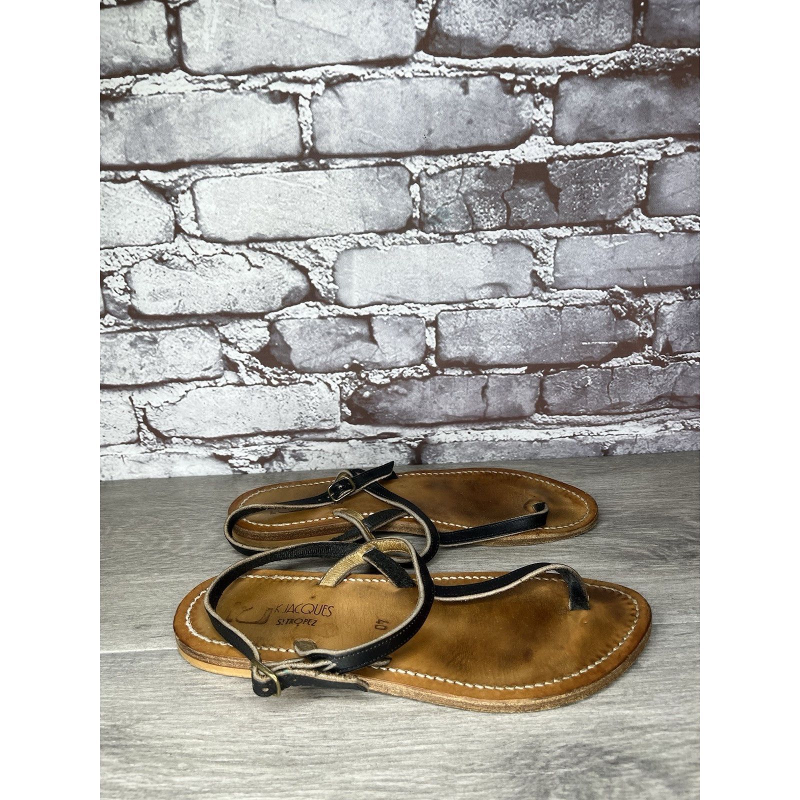 Jacques Lemans K Jacques Picon Black Leather Flat Thong Strap Sandals Women Size US 9.5 / IT 39.5 - 3 Thumbnail