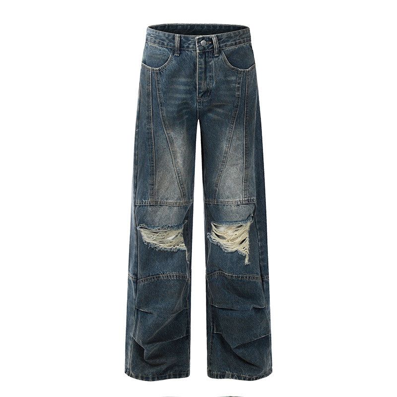 American retro distressed wide-leg ripped jeans