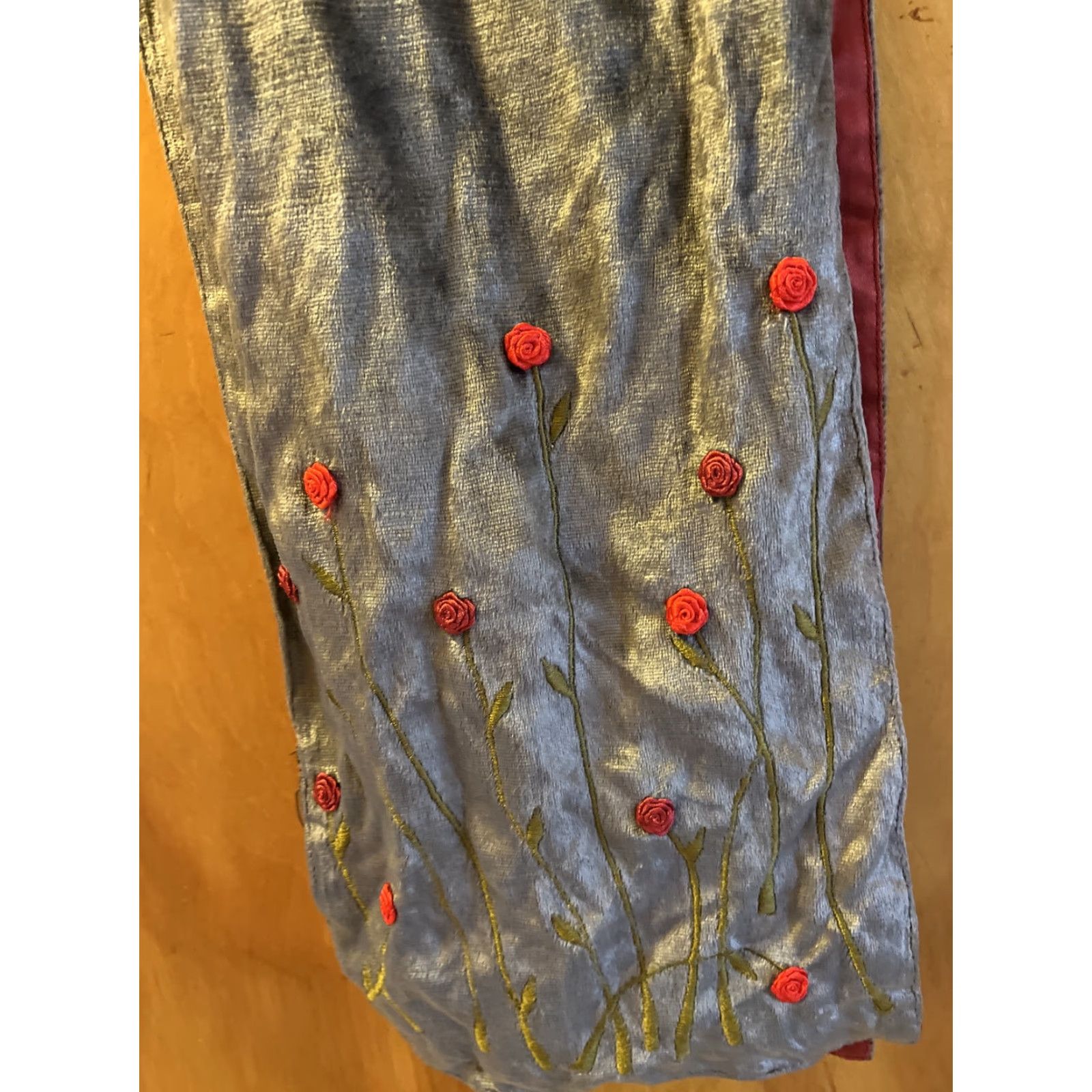 Vintage Women Velvet Scarf Red Nylon Back Bohemian Rose Embroidered Fabric Rectangle Winter Summer Spring Fall Size ONE SIZE - 3 Thumbnail