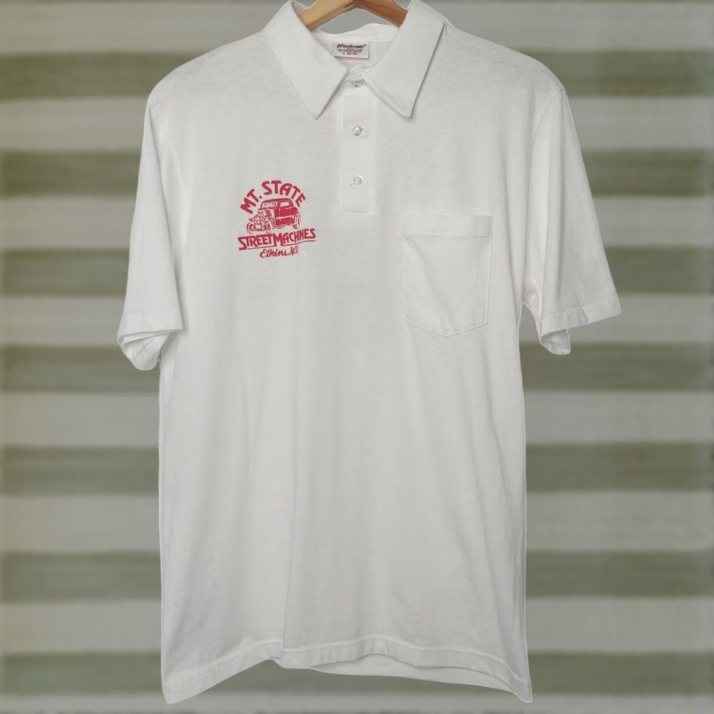 Vintage VINTAGE Single Polo Shirt Mountain State Street Machines White Large Mens Short Sleeve Collared Cars Hot Rod Size US L / EU 52-54 / 3 - 1 Thumbnail