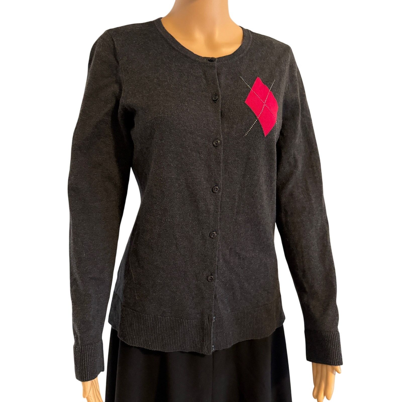 Loft Loft Modern Cardigan in Dark Gray with Argyle Pink, Size M Size M / US 6-8 / IT 42-44 - 7 Thumbnail