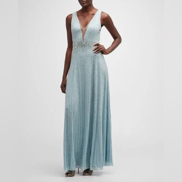 Image of Jenny Packham Meredith Beaded Plunging Illusion Sleeveless G in Blue, Women's (Size Small)