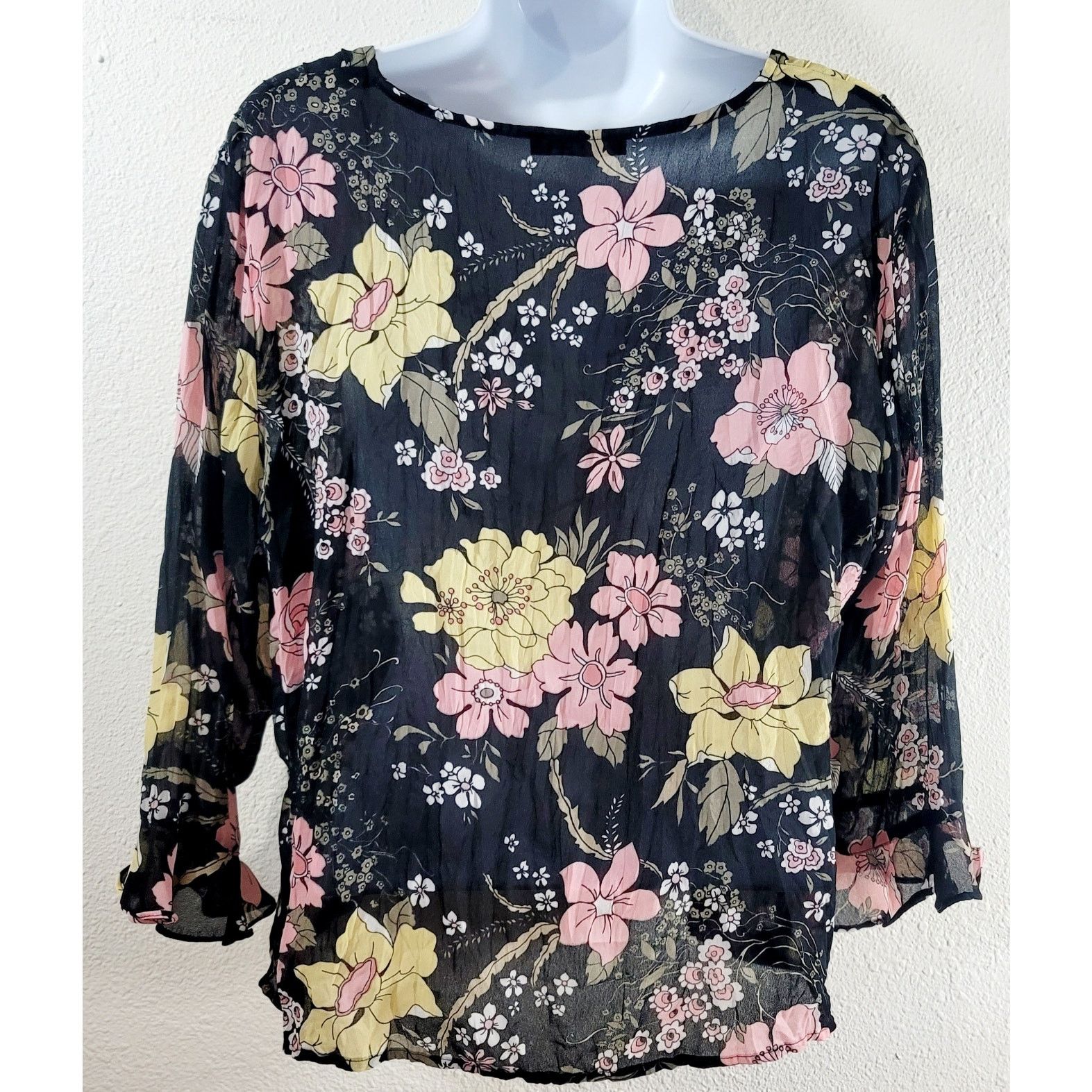 Other Violet & Claire Black Pink Floral Button Pleated Top PL Size L / US 10 / IT 46 - 3 Thumbnail