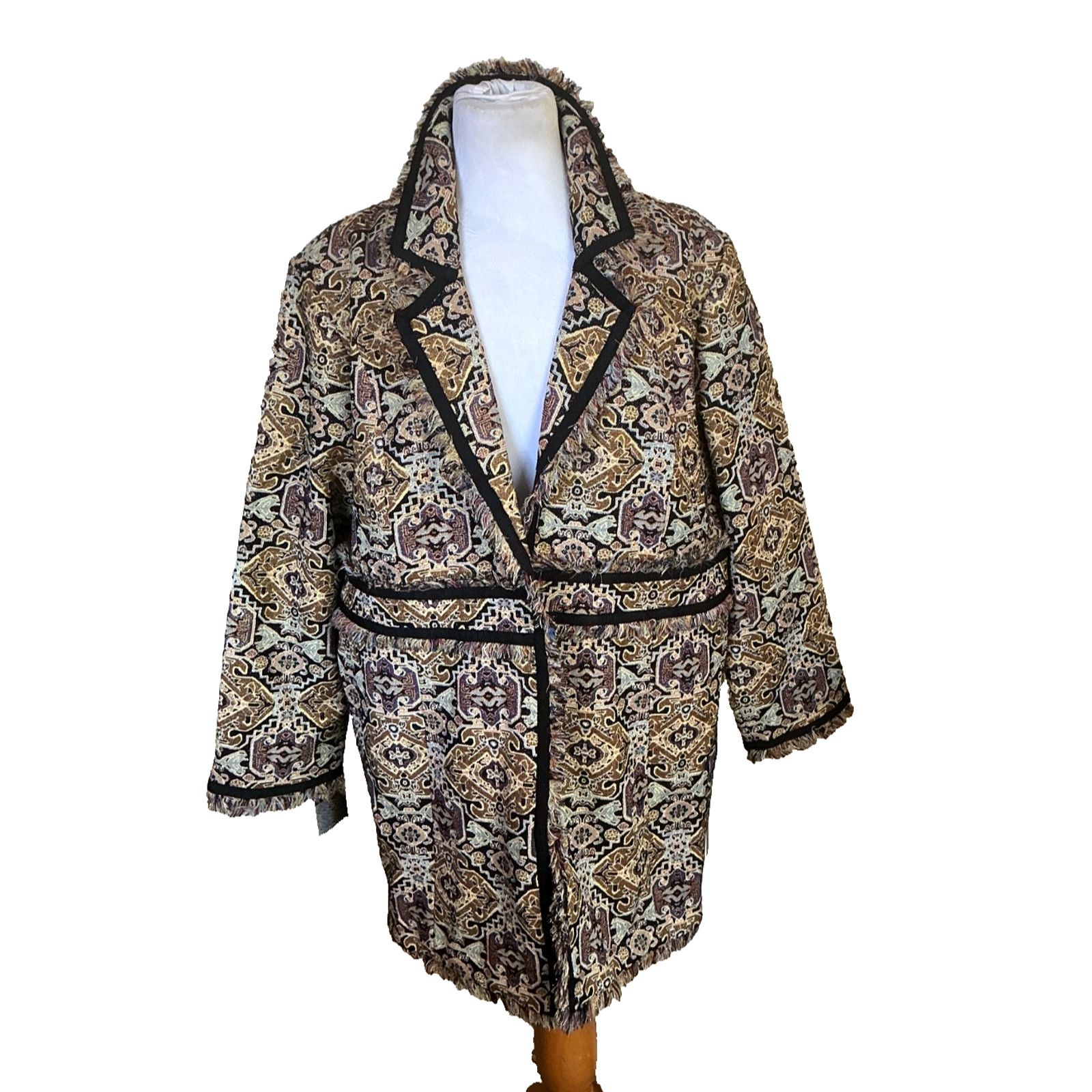 Chicos CHICO'S GOLD METALLIC JACQUARD BROCADE FRAYED HEM MIDI COAT Size XL / US 12-14 / IT 48-50 - 3 Thumbnail
