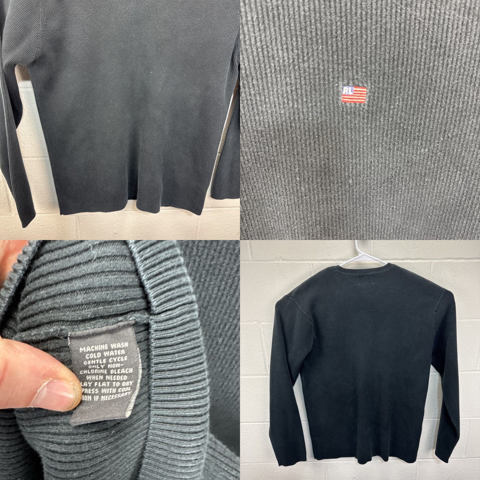 Ralph Lauren VINTAGE Ralph Lauren Polo Jeans Company Men's Ribbed Sweater USA Flag Black XL Crew Neck Pullover Knit Sweatshirt Embroidered Logo Size US XL / EU 56 / 4 - 8 Thumbnail