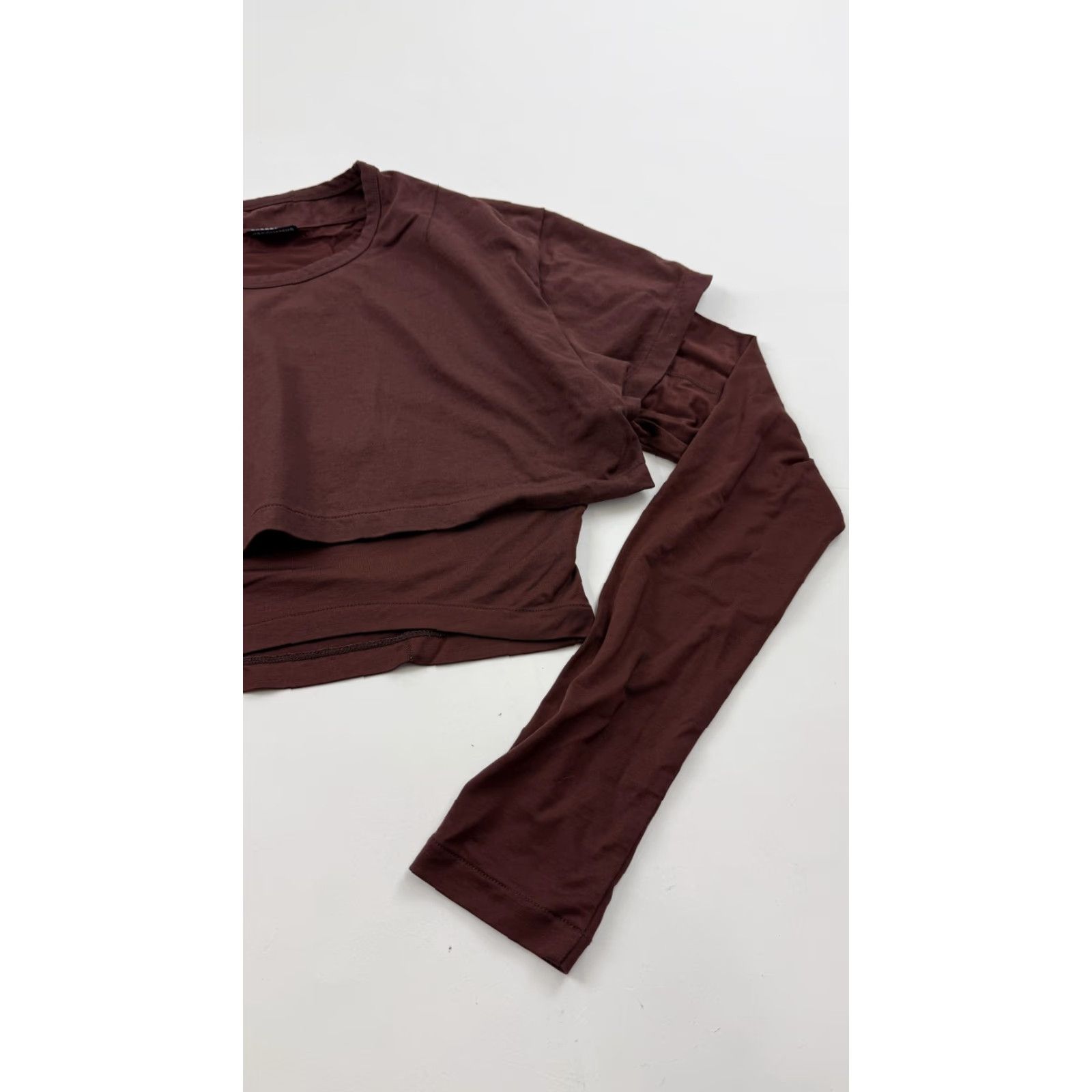 Jacquemus VINTAGE? No — Actually: JACQUEMUS Shirt Womens XXL Brown Layered 2-in-1 Cropped Long Sleeve Top, Designer Cotton/Lyocell Blend, Crew Neck, 2XL Womens Size XXL / US 16-18 / IT 52-54 - 3 Thumbnail
