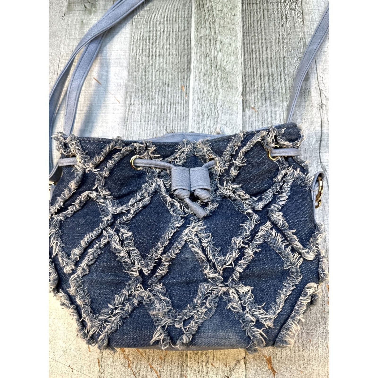 Denime Y2K Denim Patchwork Shoulder Bag Purse Distressed Drawstring Womens Bag Size ONE SIZE - 3 Thumbnail