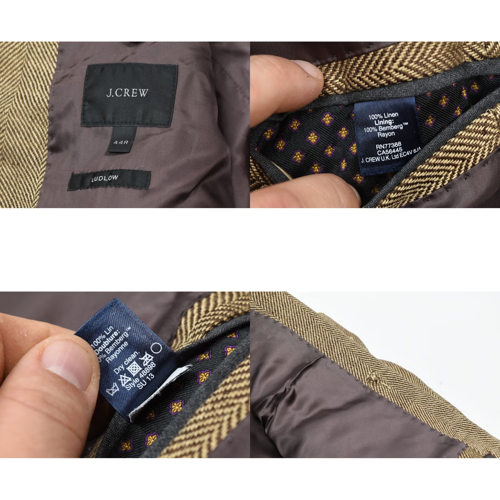 J.Crew J.CREW Blazer Mens 44 Brown Ludlow 44R Herringbone Linen Two Button Slim Fit Size 44R - 9 Thumbnail