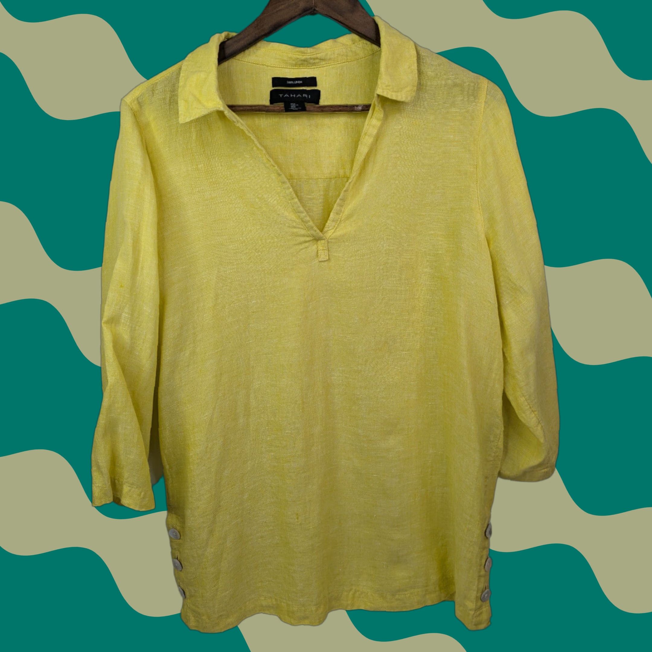 Vintage Tahari Blouse Shirt Womens Large 100% Linen Yellow V-Neck Collared Pullover 3/4 Sleeve Size L / US 10 / IT 46 - 1 Thumbnail