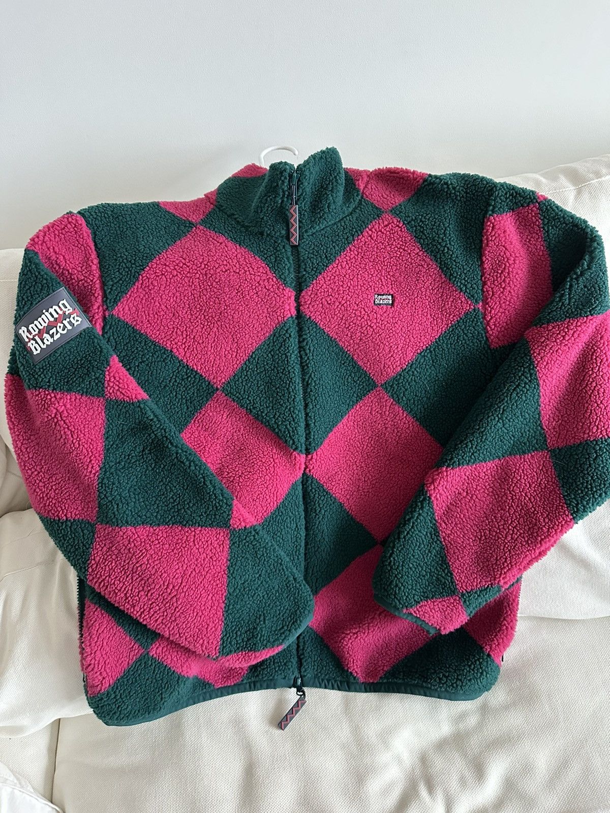 image of Rowing Blazers Harlequin Deep-Pile Sherpa Fleece in Pink/Green, Men's (Size Large)